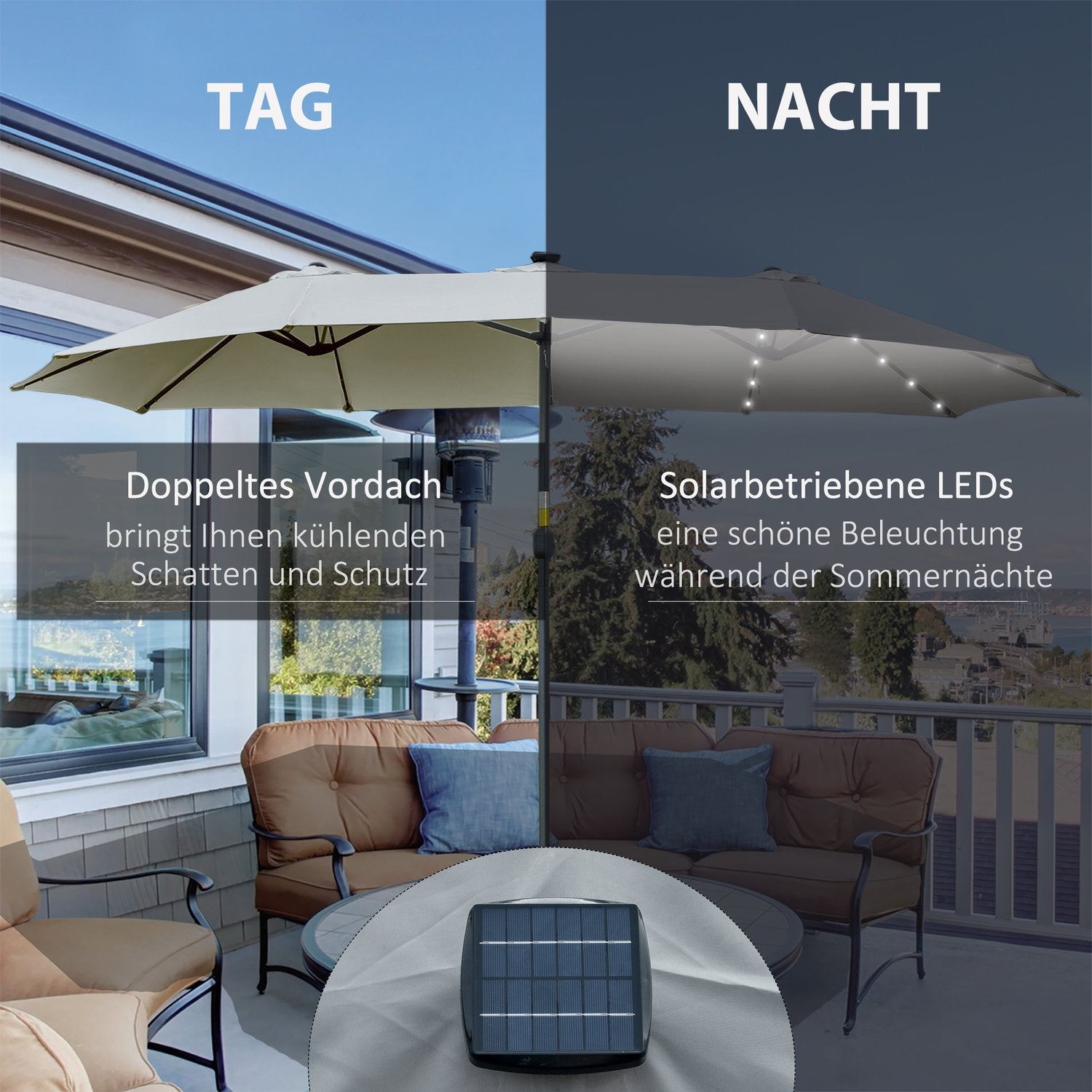 4,5 M Dubbelparasoll Med LED, Solcellsdriven, Ljusgrå-Svart