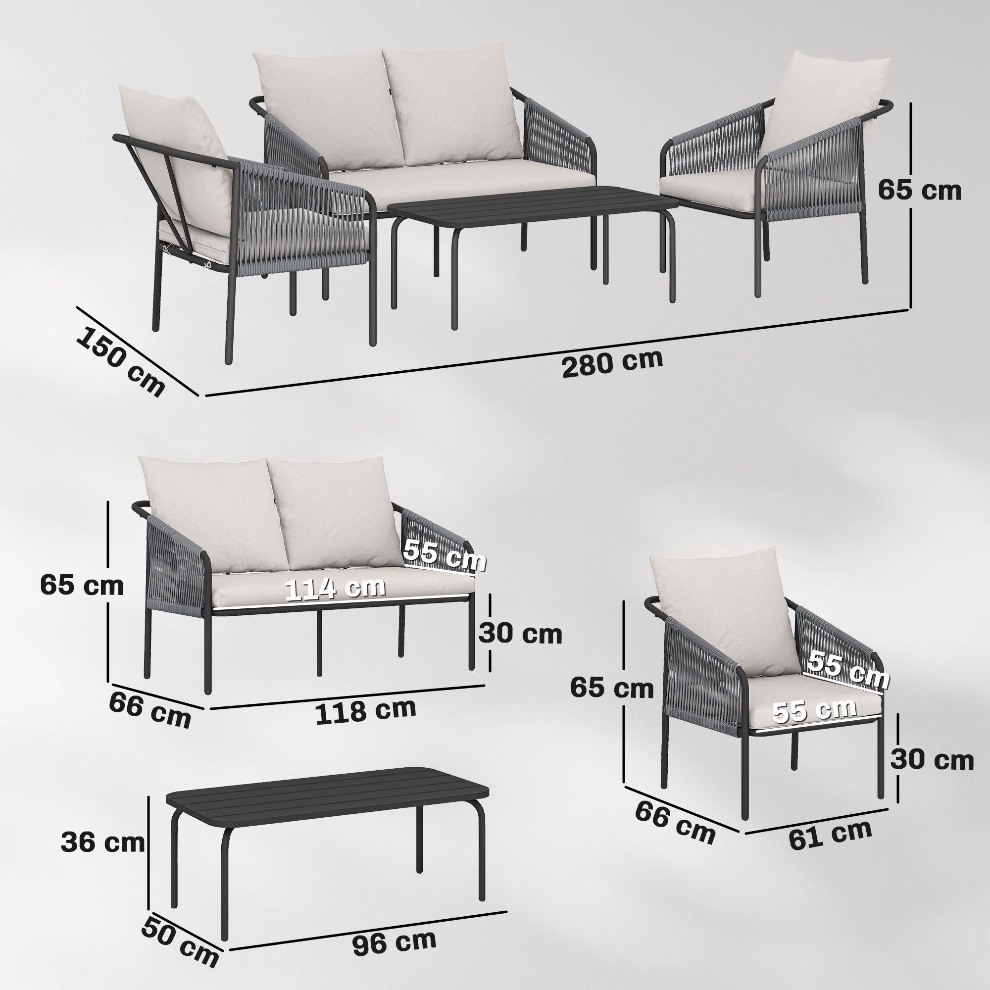 4-delad loungegrupp i rotting med kuddar och bord