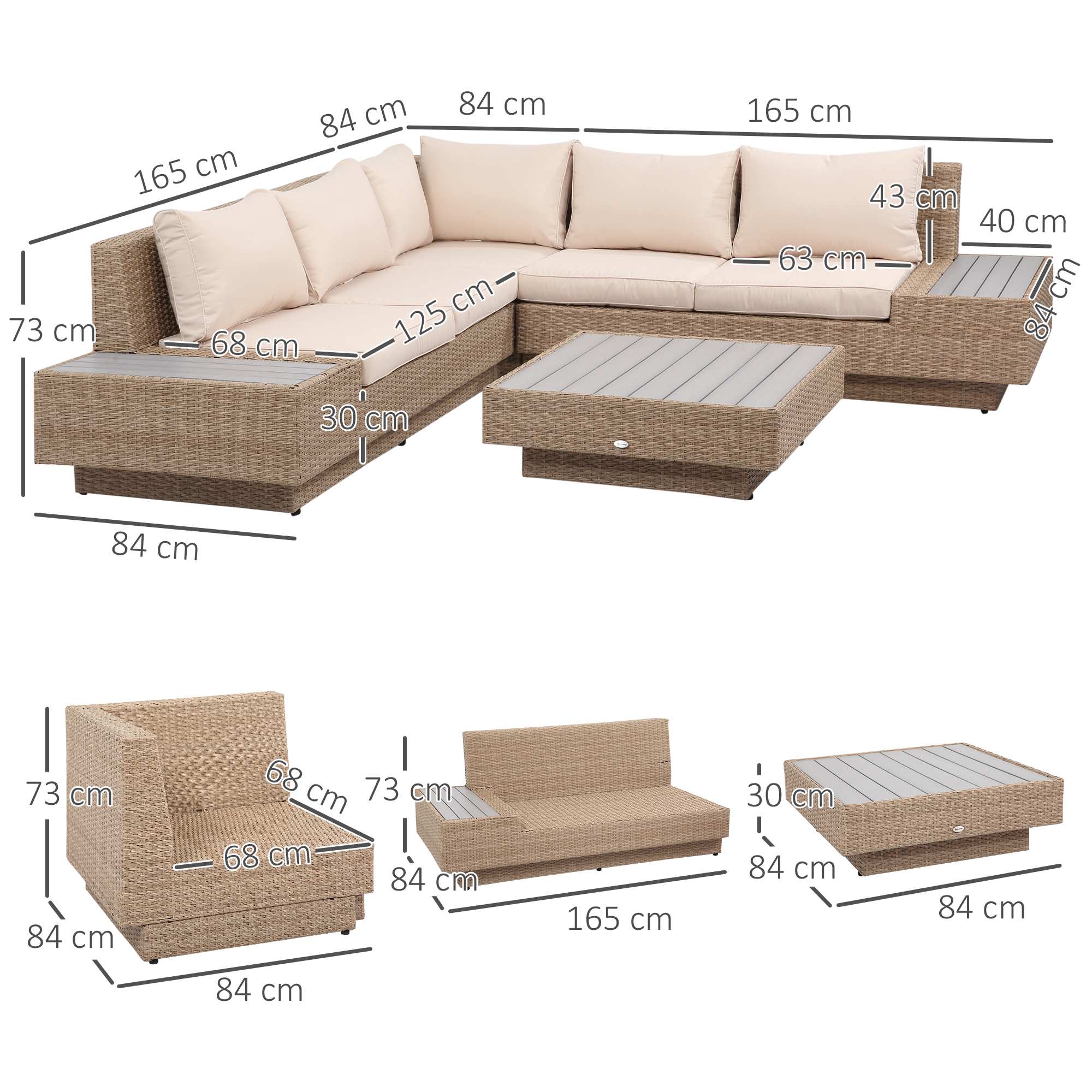 4-delat brunt polyrattan utemöblerset med kuddar