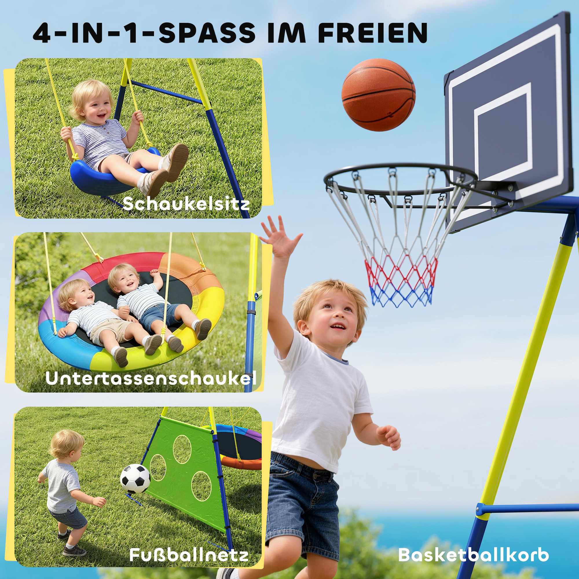 4-i-1-gunga med näsgunga, basket- och fotbollsmål