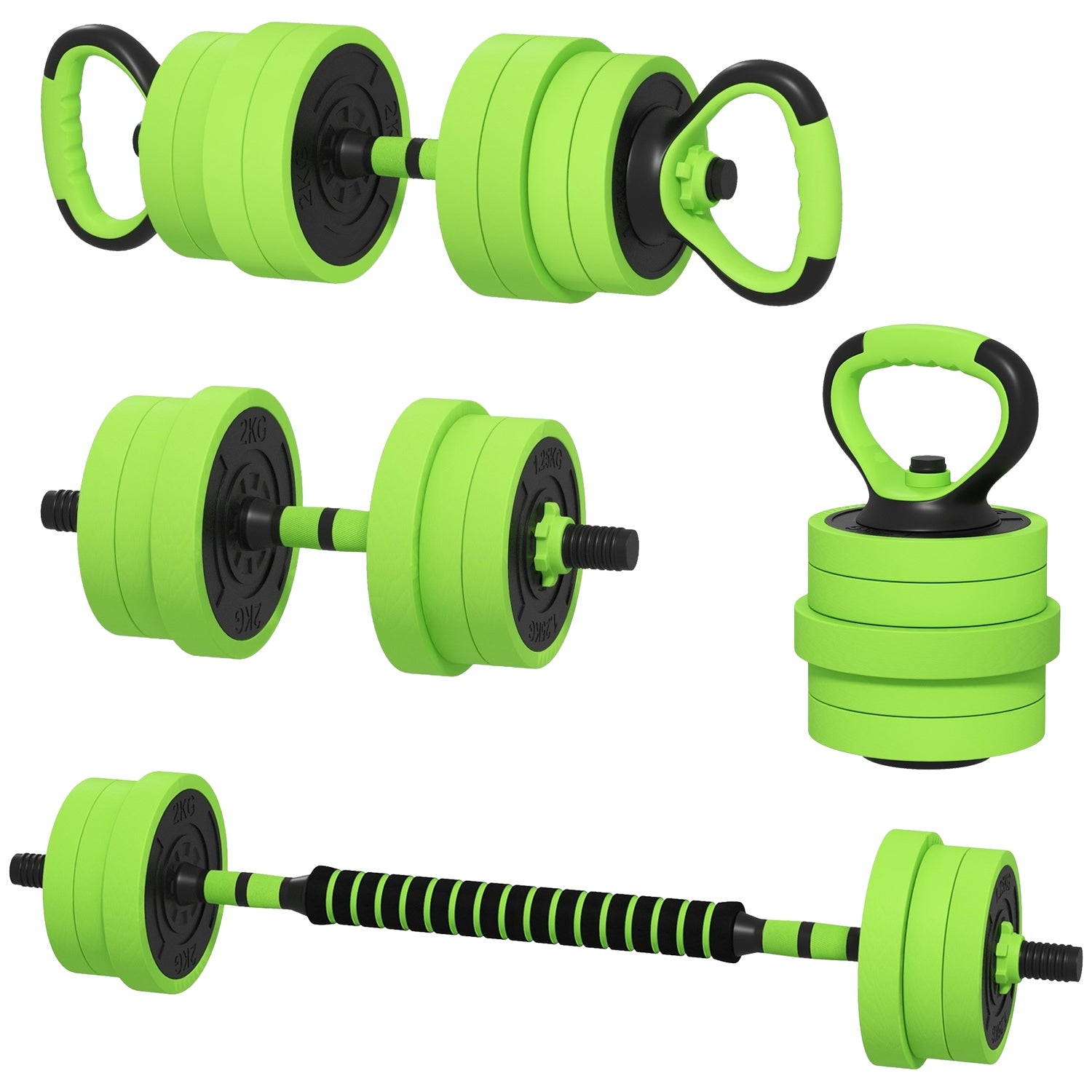 4 i 1 hantelset 20 kg justerbar hantel & skivstång Kettlebell Push-up Handtag Grön