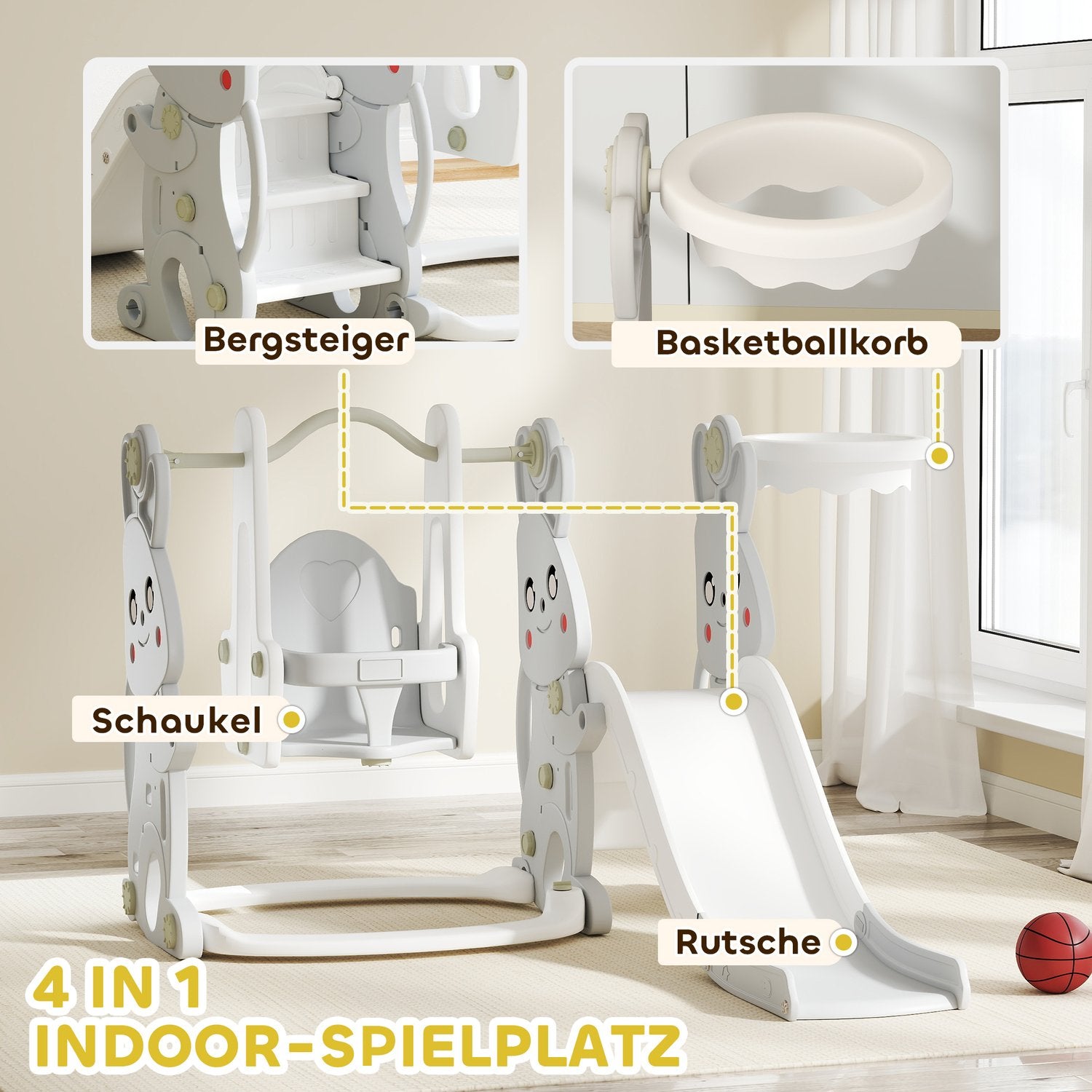 4-i-1 rutschbana för barn med grå kanindesign