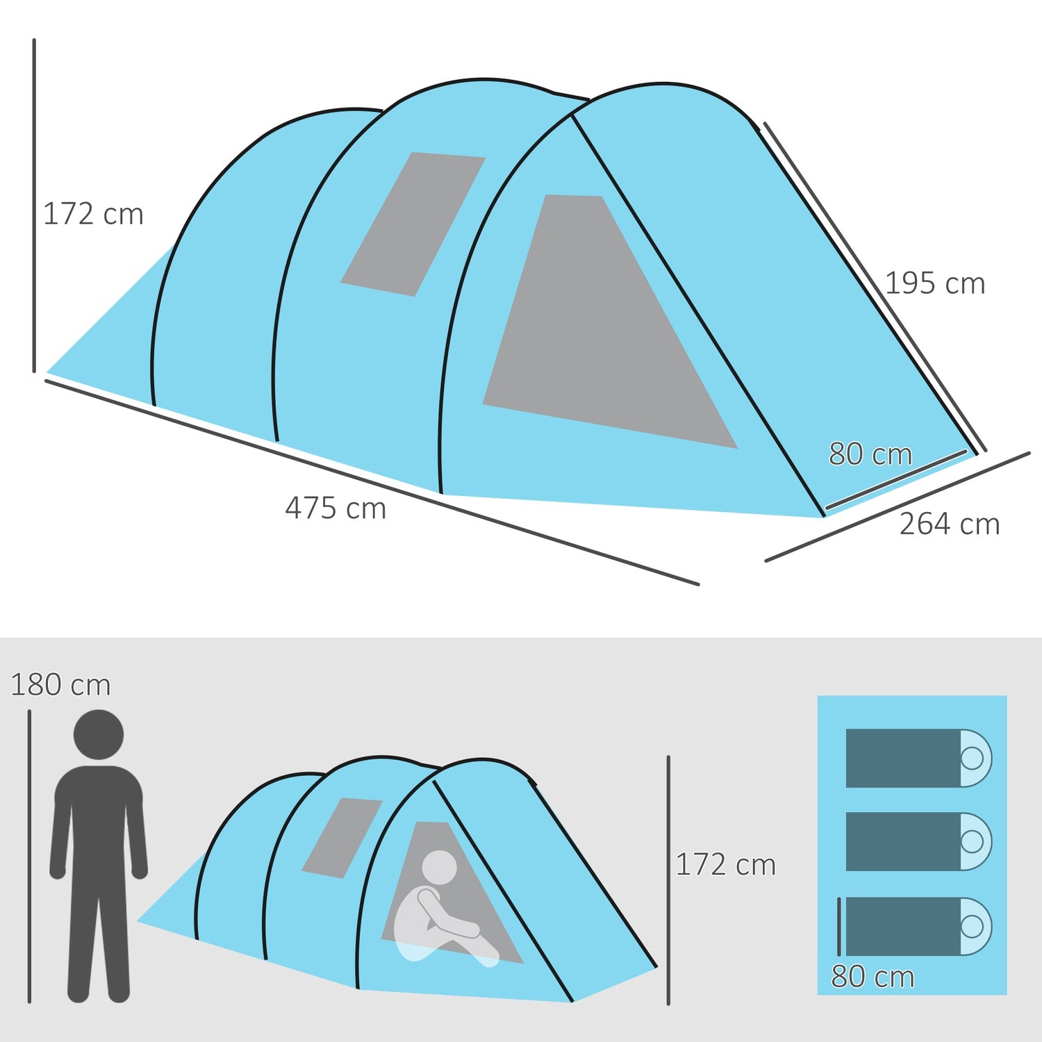 4-personers tunneltält – UV-skydd, 2 rum, vattentätt