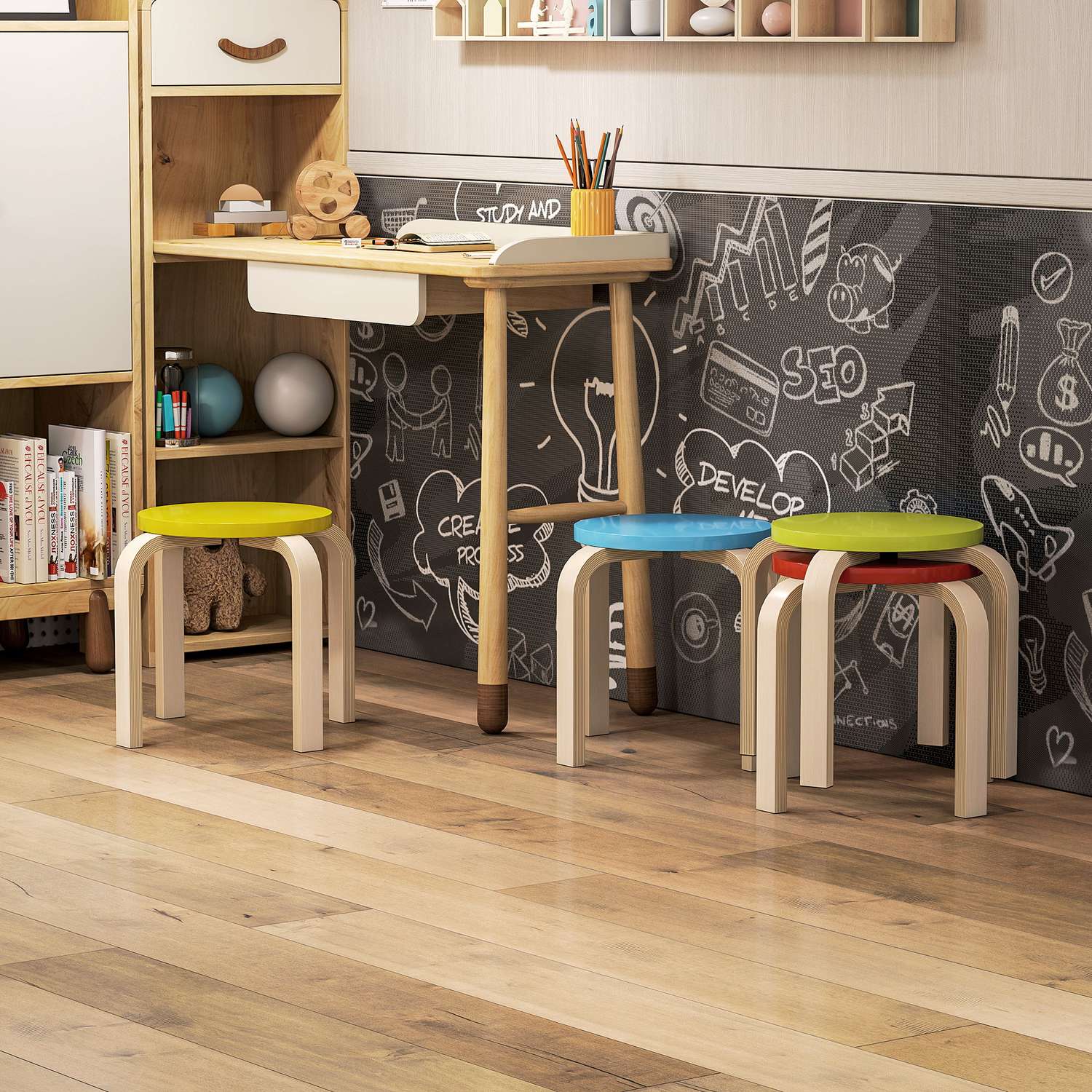 4 staplar med fotkuddar av filt, björkplywood, lackad, färgad