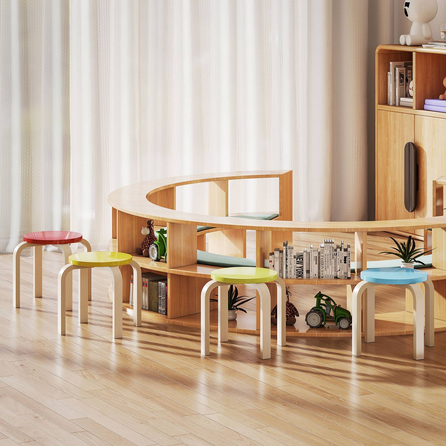 4 staplar med fotkuddar av filt, björkplywood, lackad, färgad