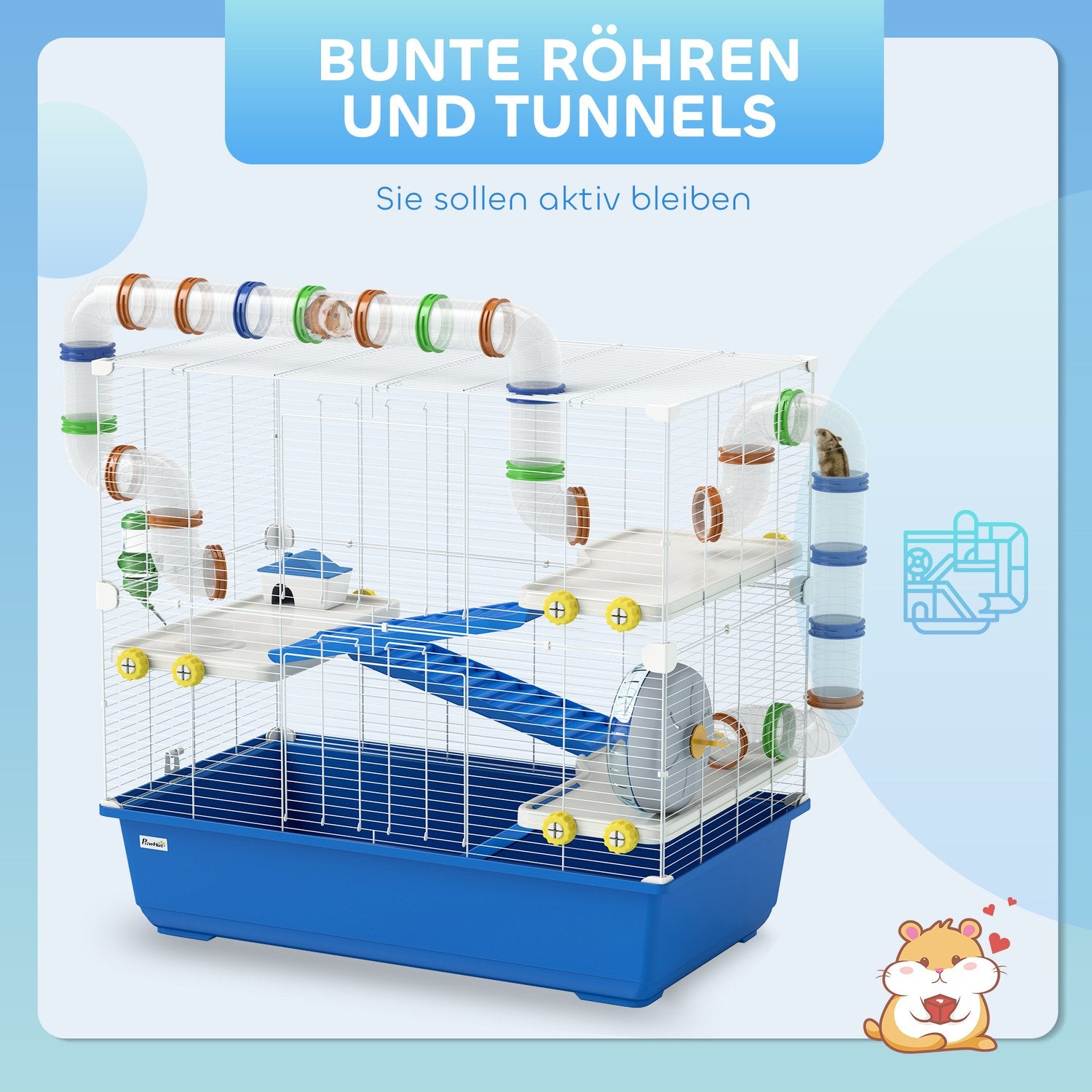 4-vånings hamsterbur med hjul och tillbehör, blå