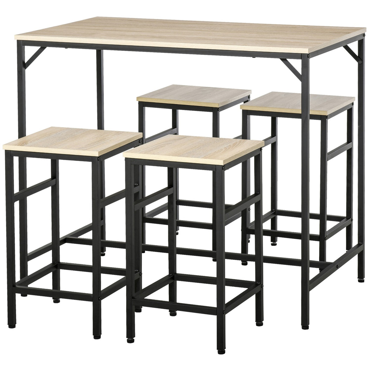 Set tavolo da bar 5 pezzi, struttura in acciaio, finitura rovere