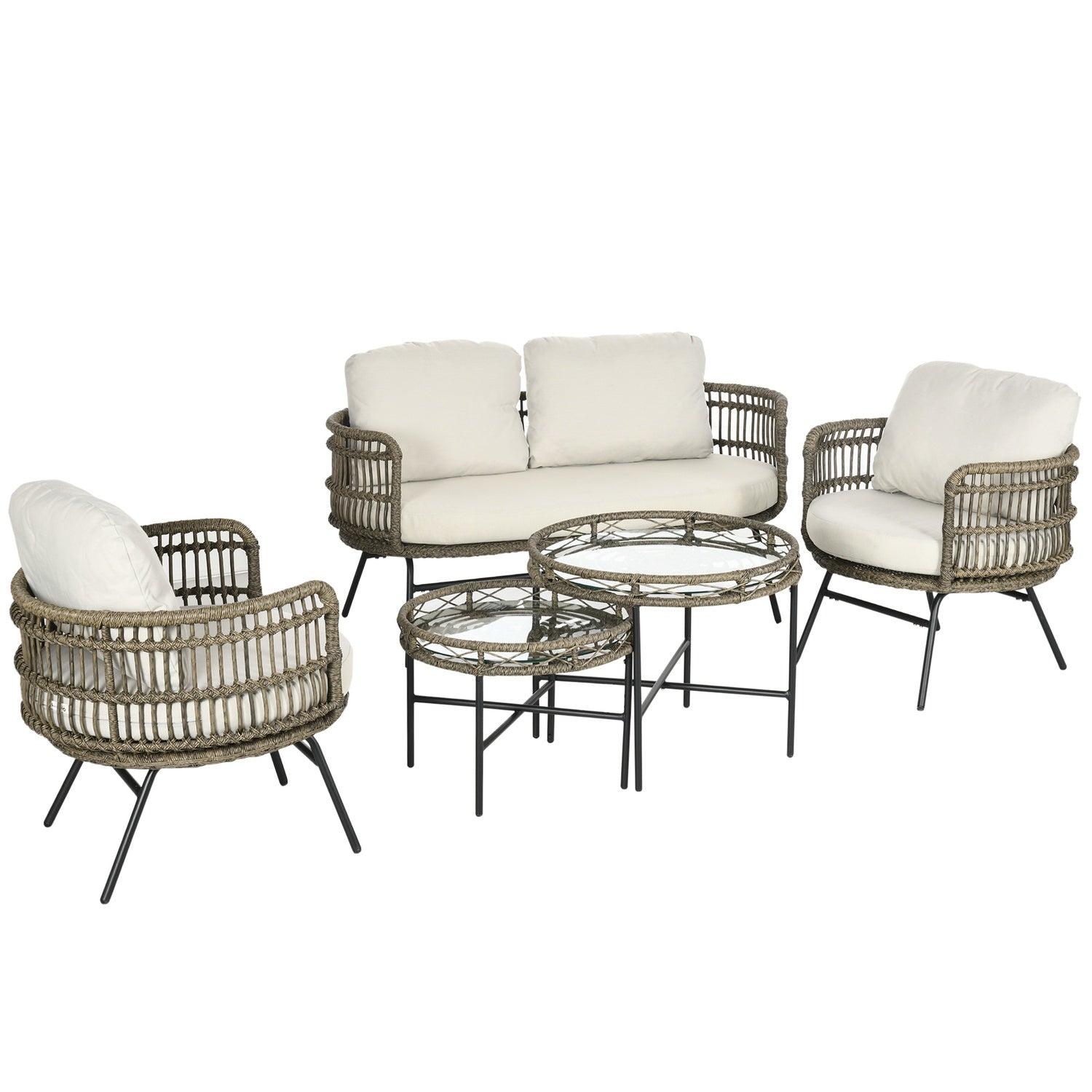 5-delad uteplats i rotting, kuddar, brun Boho-stil