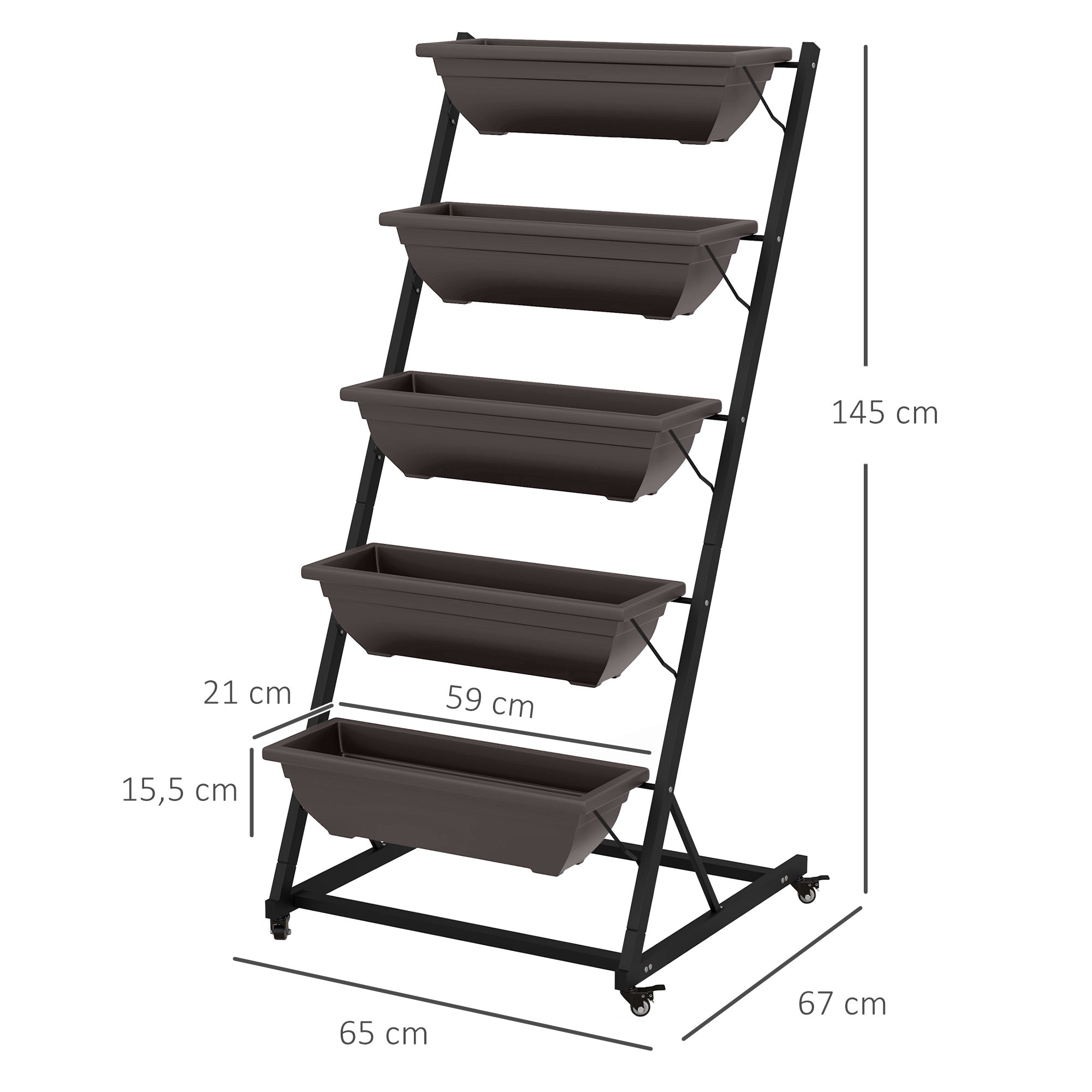 5-vånings växtställ med hjul, 145 cm högt, stål