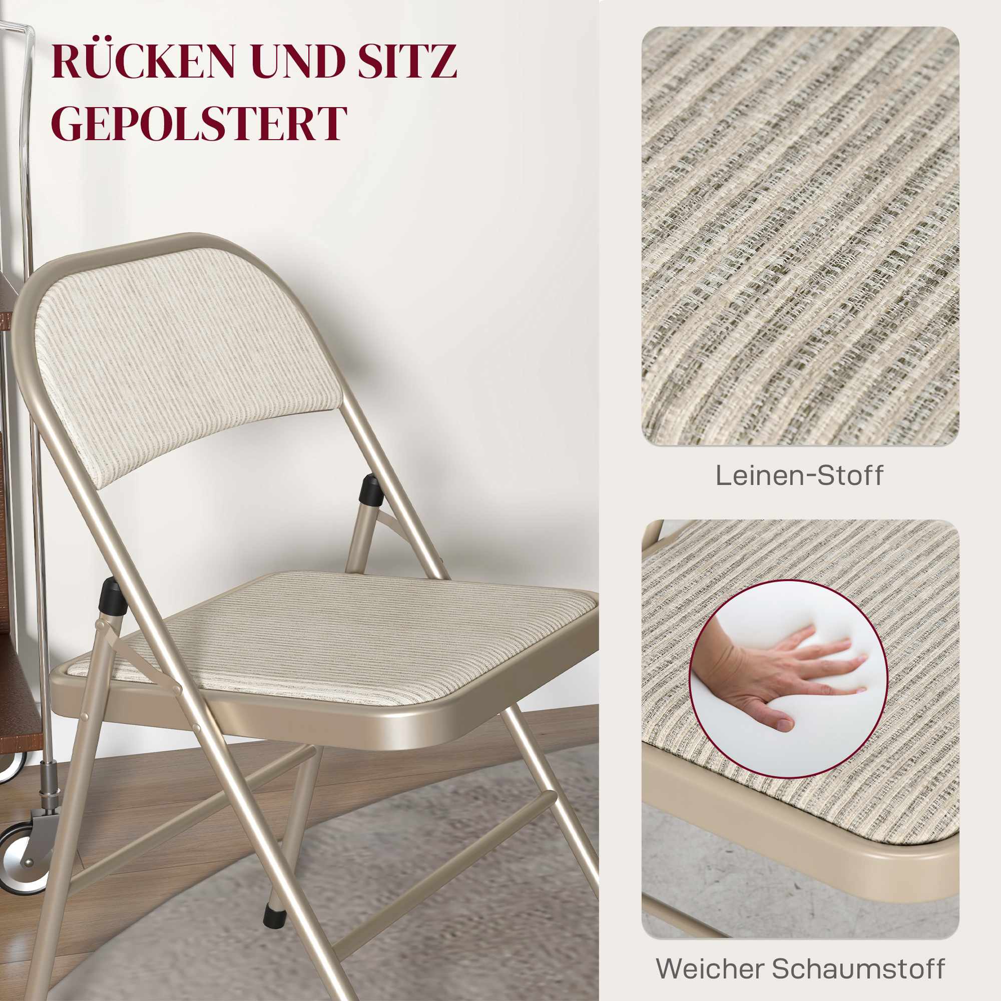 6-delat set med fällbara stolar, stålram, linne-look, beige