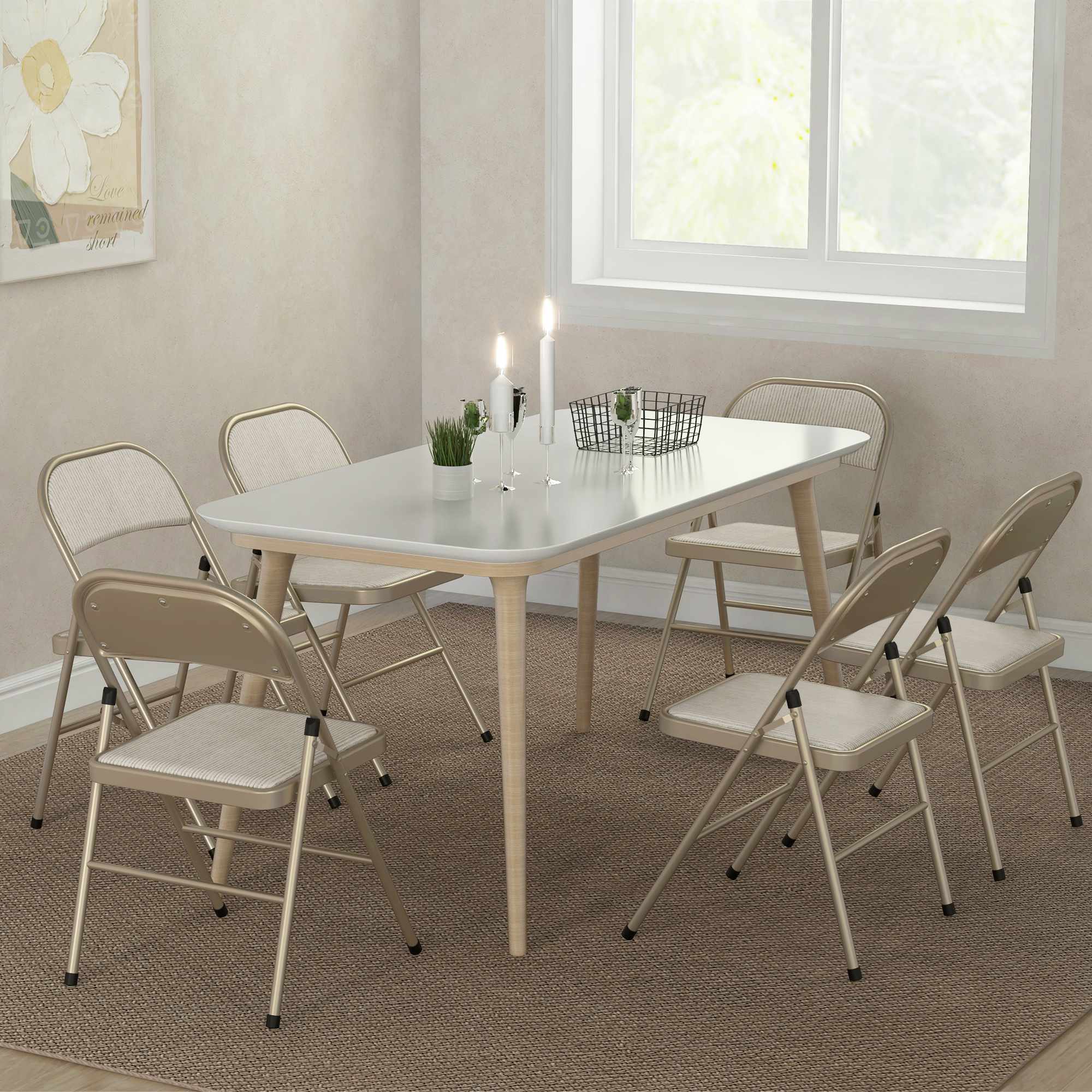 6-delat set med fällbara stolar, stålram, linne-look, beige