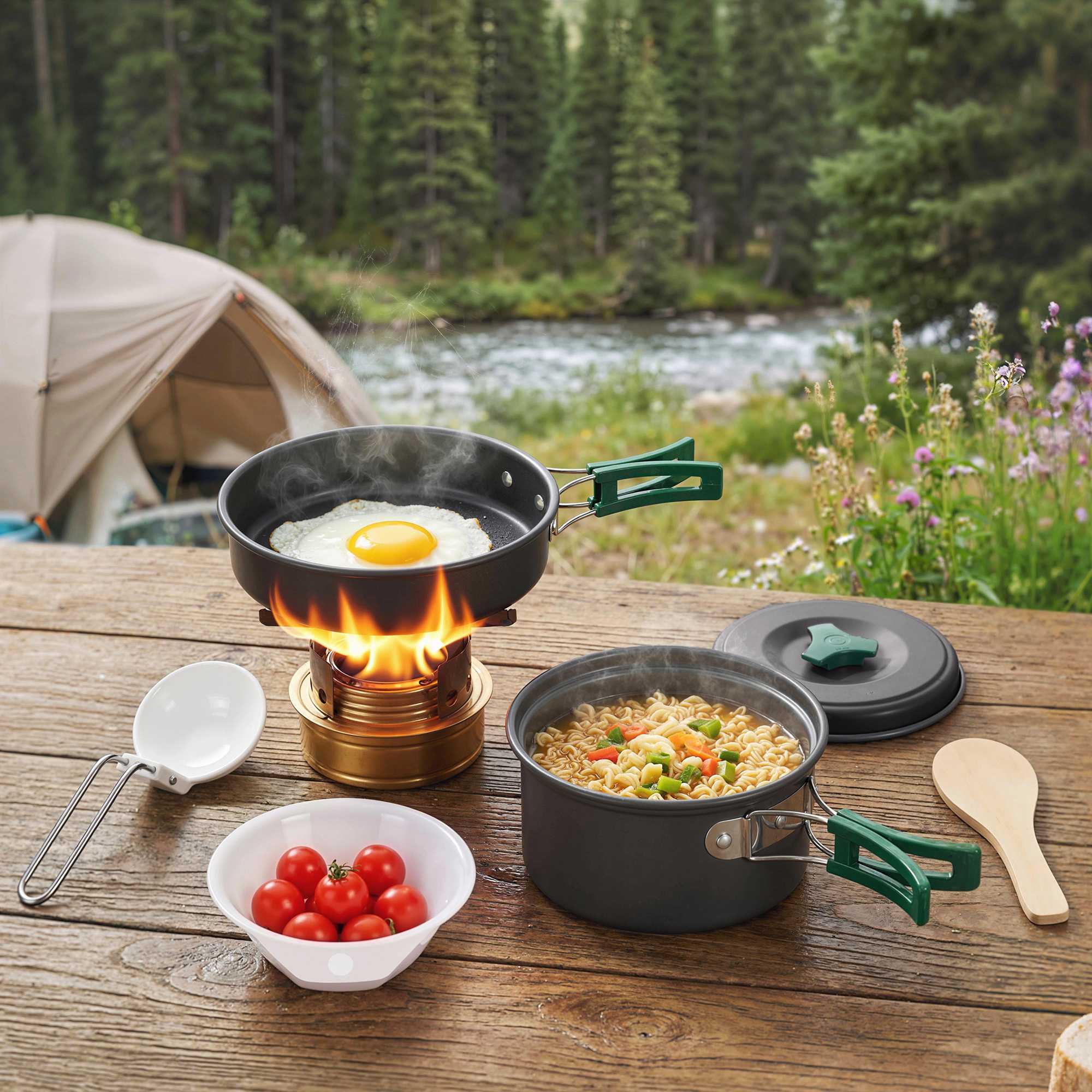 8-delat campingkokkärlsset med skållningssäkra handtag