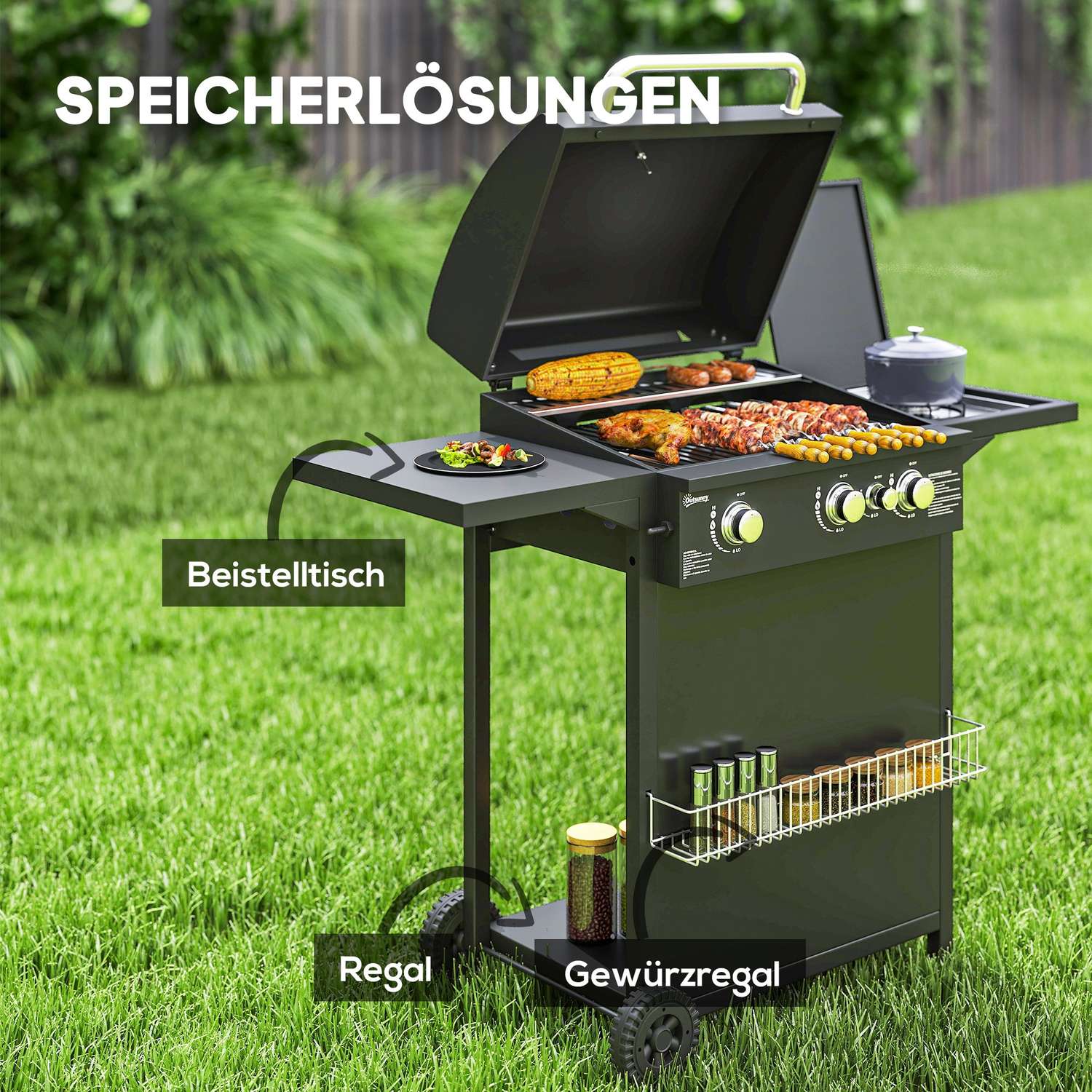 9,5 KW gasolgrillvagn med 4 brännare och sidospis