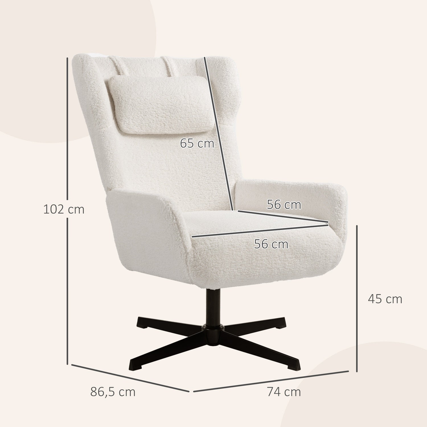 Accentfåtölj, fleeceklädsel, snurrbas, krämvit