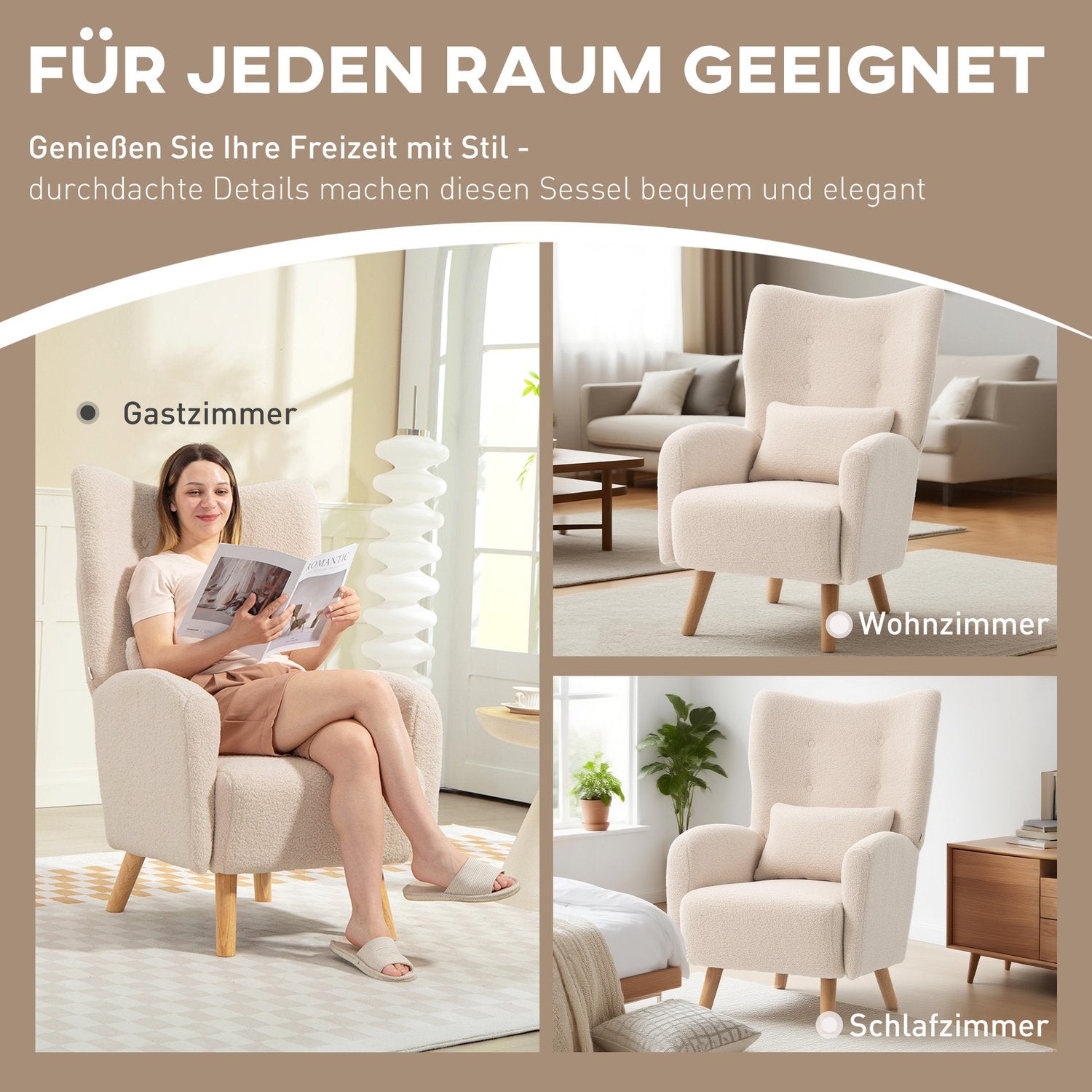 Accentfåtölj, plyschklädsel, skumdyna, beige