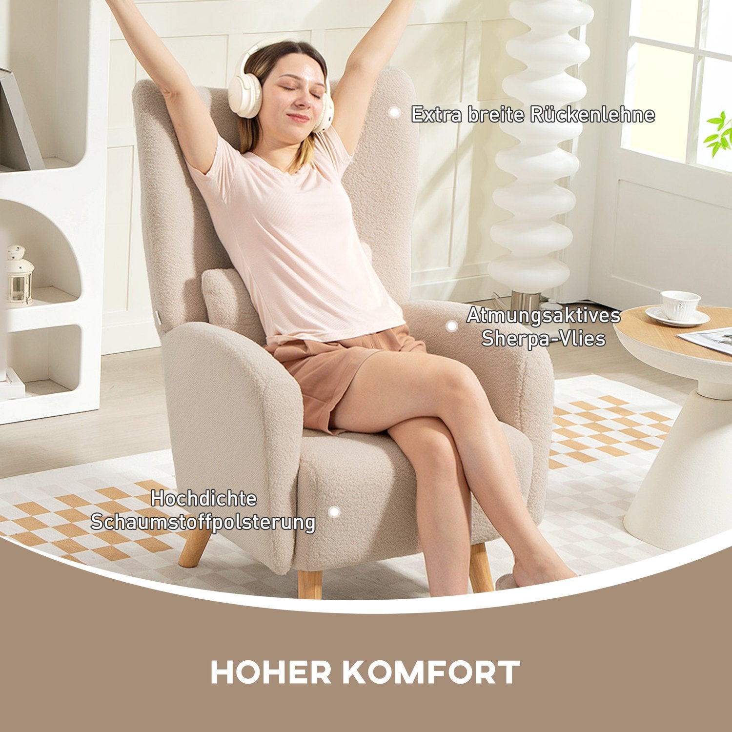 Accentfåtölj, plyschklädsel, skumdyna, beige