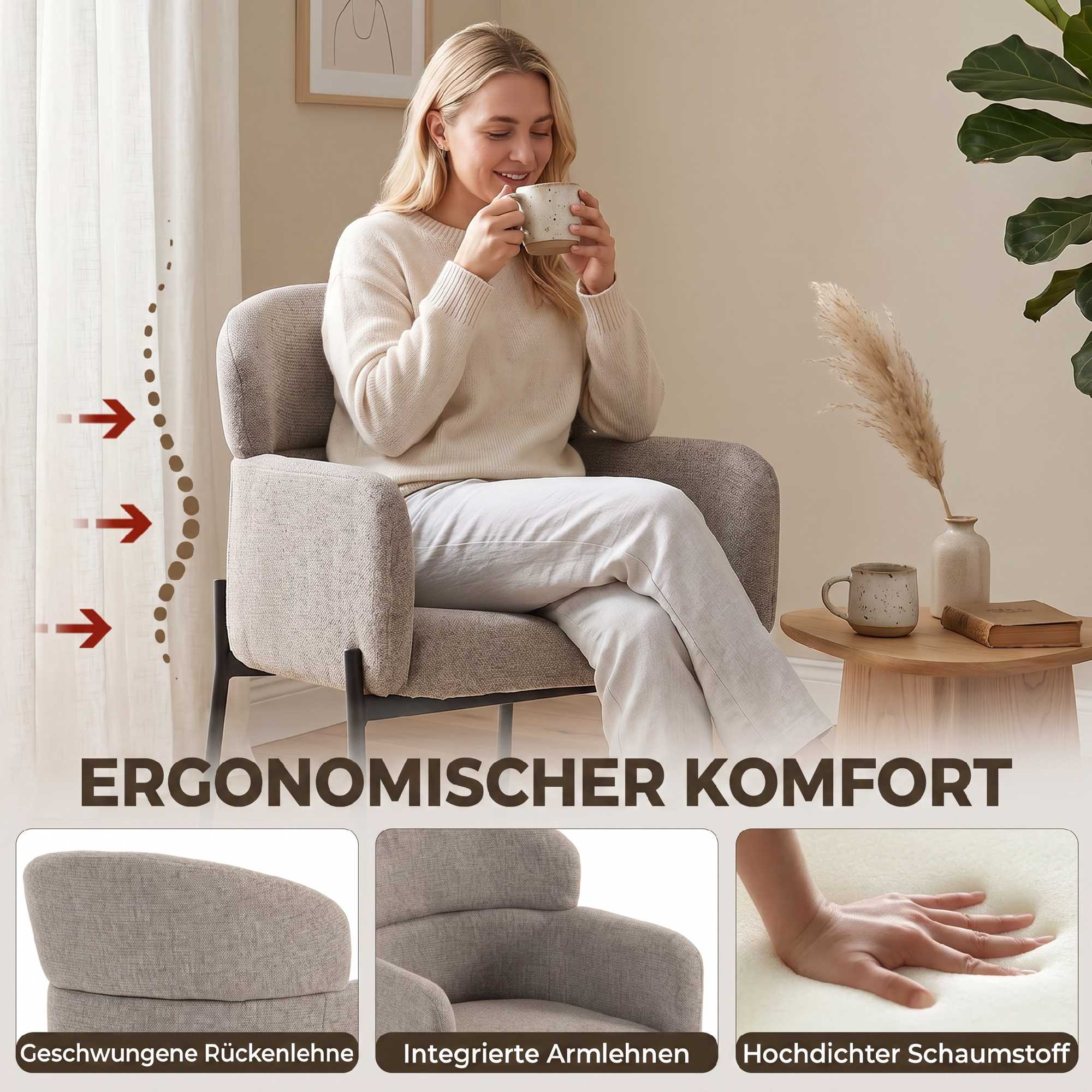 Accentloungefåtölj, armstöd, chenilleklädsel, metallben, brun