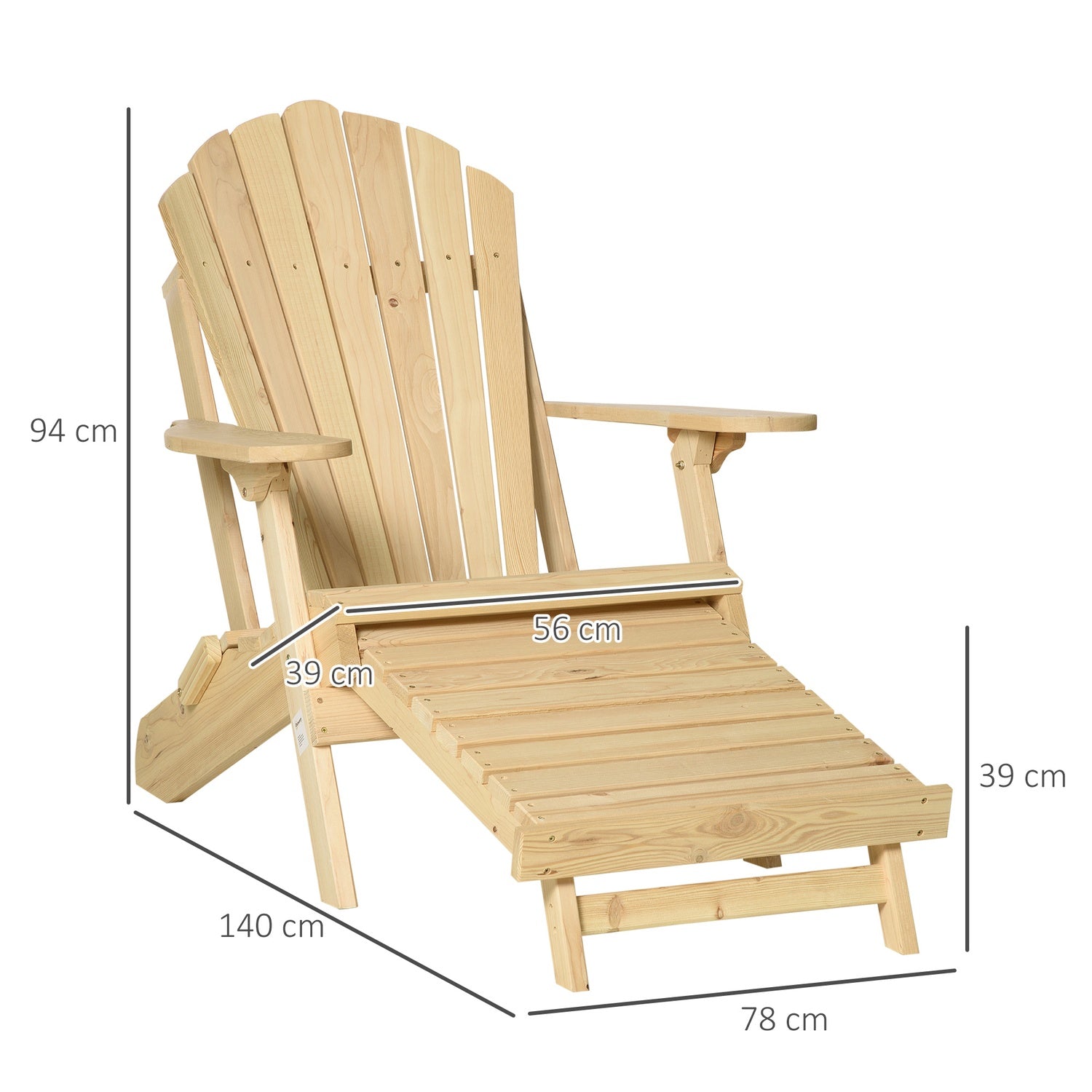 Adirondack trädgårdsstol, hopfällbar furu, med fotstöd