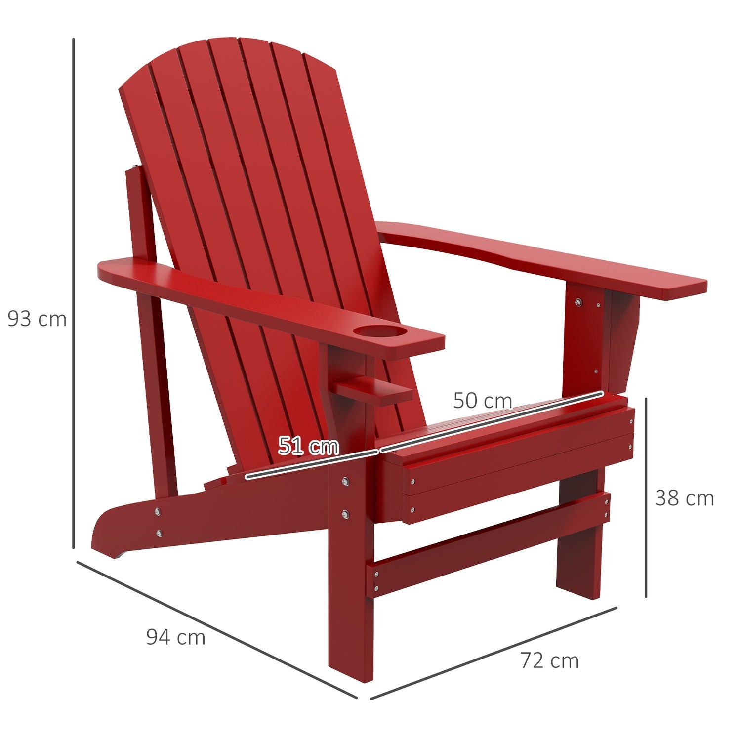 Adirondack trädgårdsstol, rött massivt trä med mugghållare
