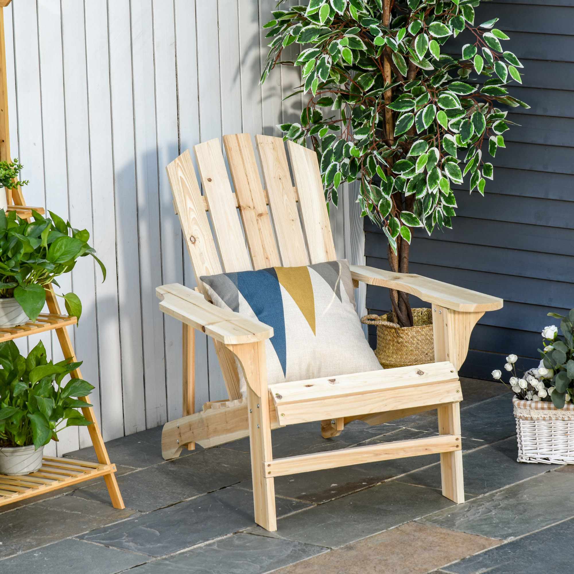 Adirondack trästol, utomhus, hög rygg, armstöd