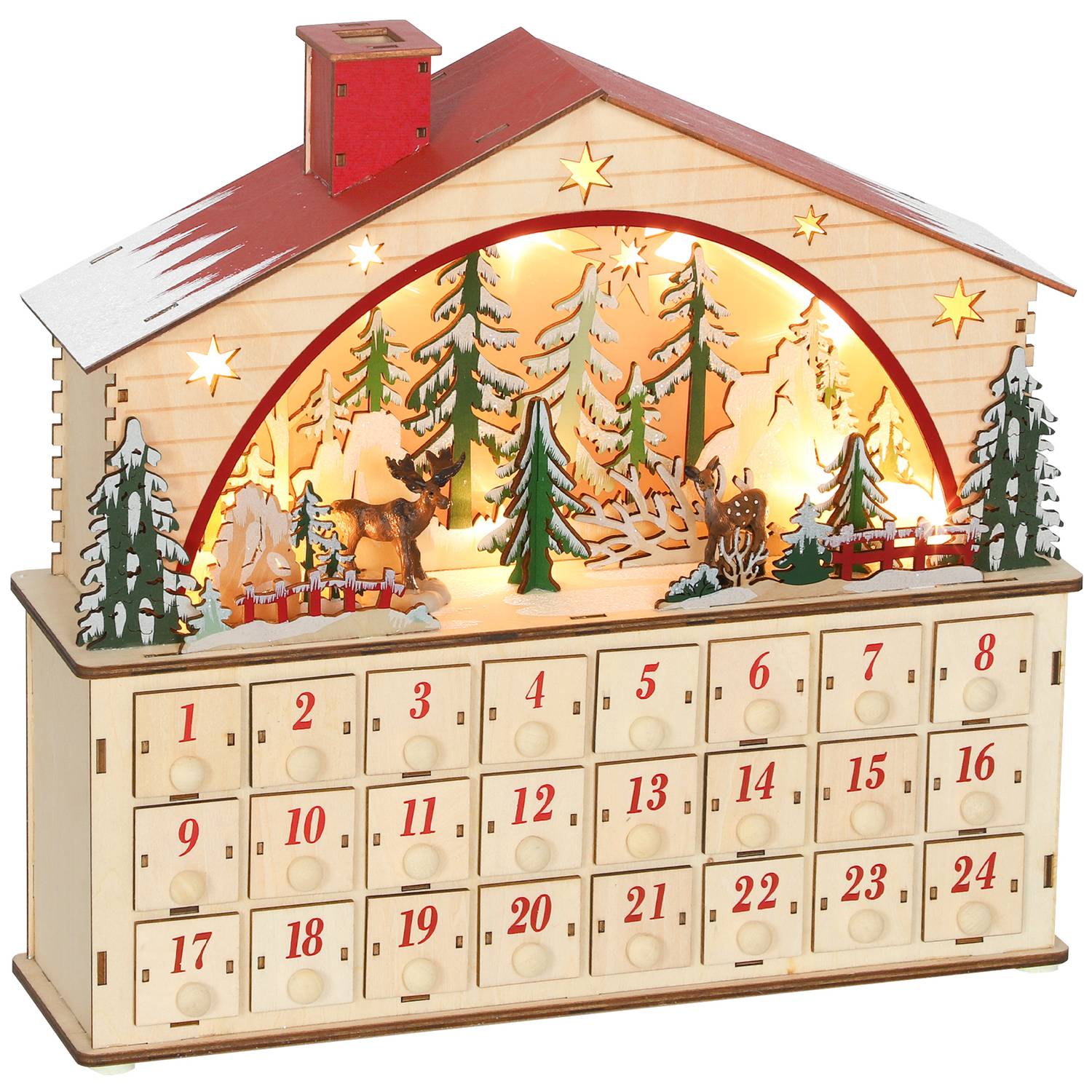 Adventskalender med 24 lådor, LED-lampor, trä, 36x10x34 cm