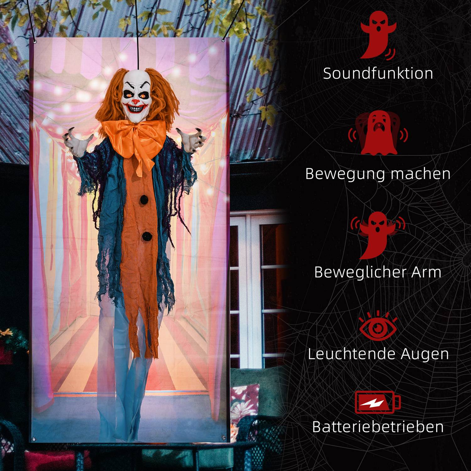 Animerad Halloween clown dekoration med röda ögon, ljud