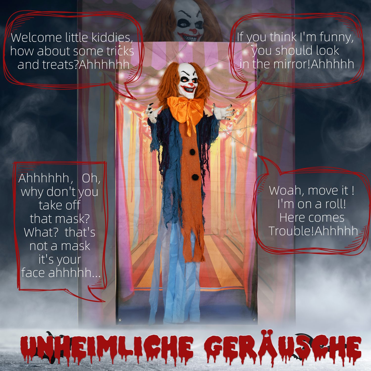 Animerad Halloween clown dekoration med röda ögon, ljud