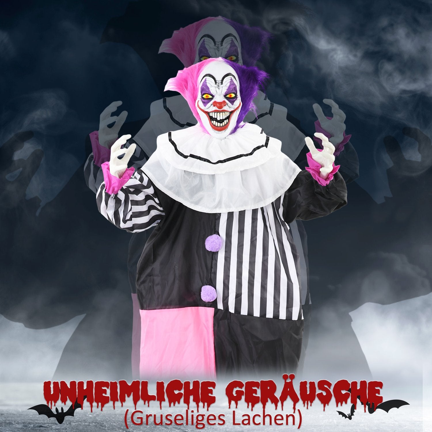 Animerad Halloween-clownrekvisita med rörelse och ljud, 173 cm
