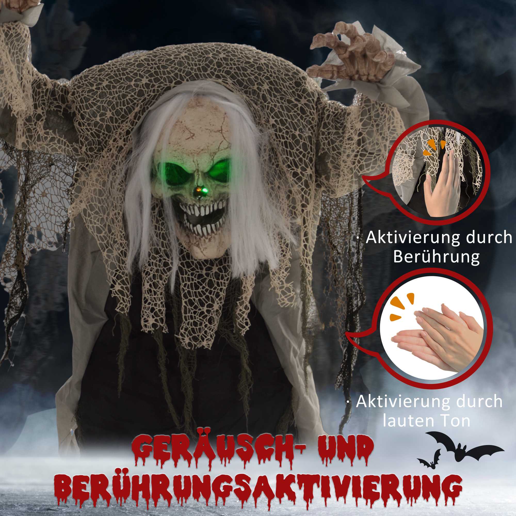 Animerat Halloween-skelettspöke med röda ögon, 160 cm