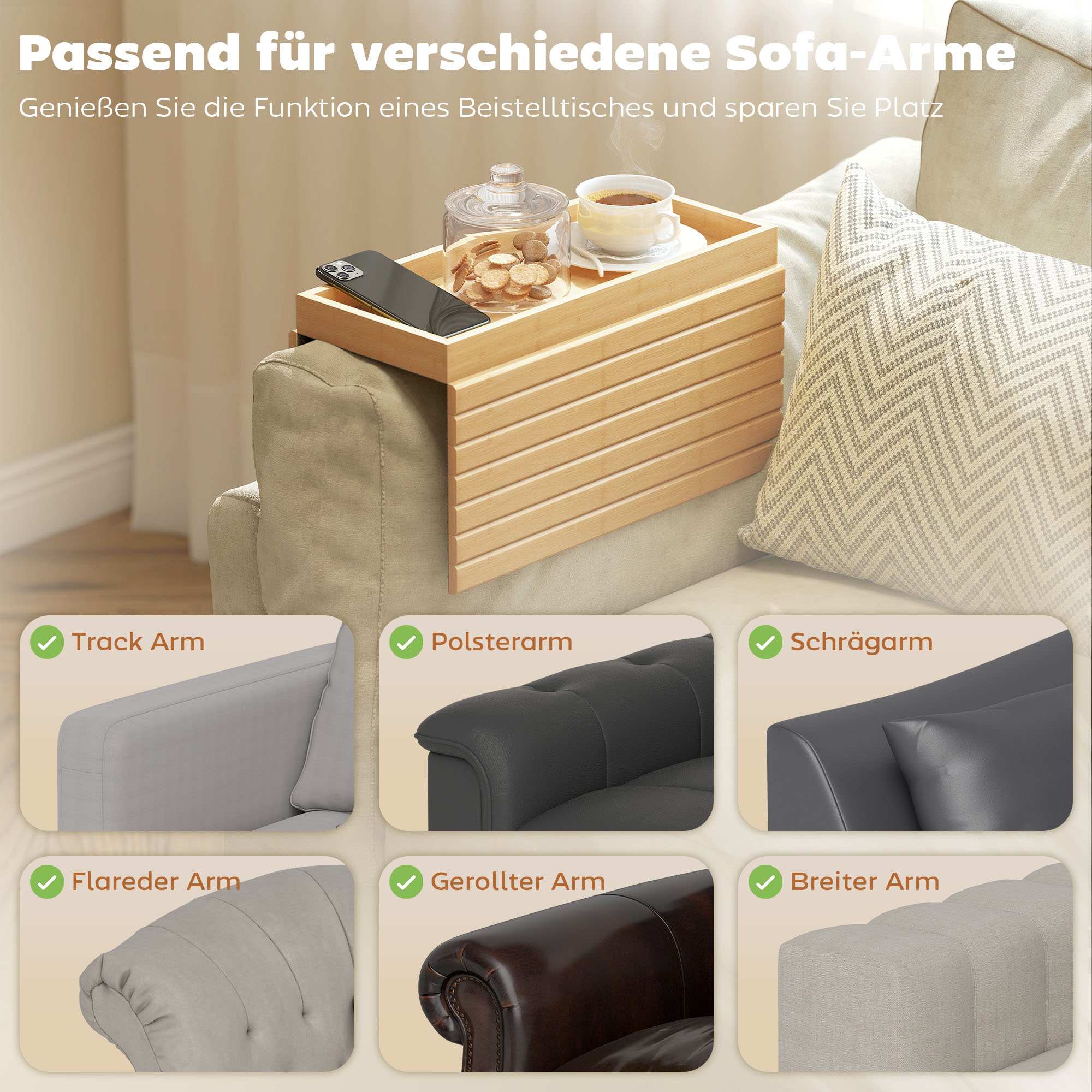 Armstöd i bambu för soffa för drycker, snacks, fjärrkontroll