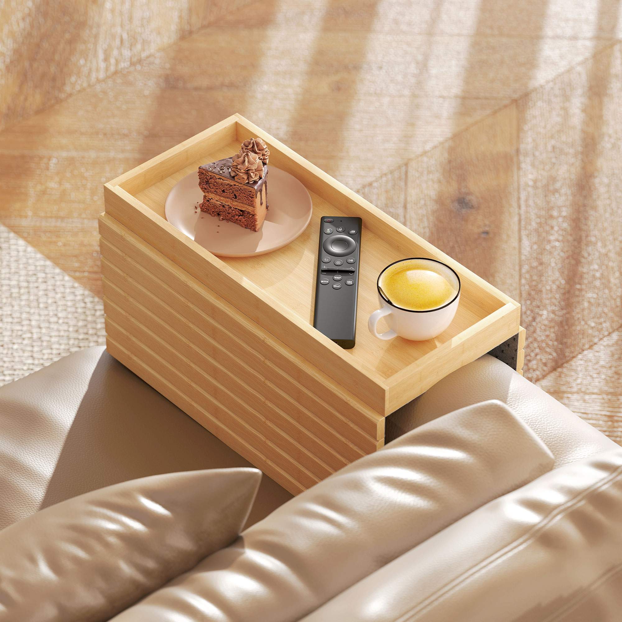 Armstöd i bambu för soffa för drycker, snacks, fjärrkontroll