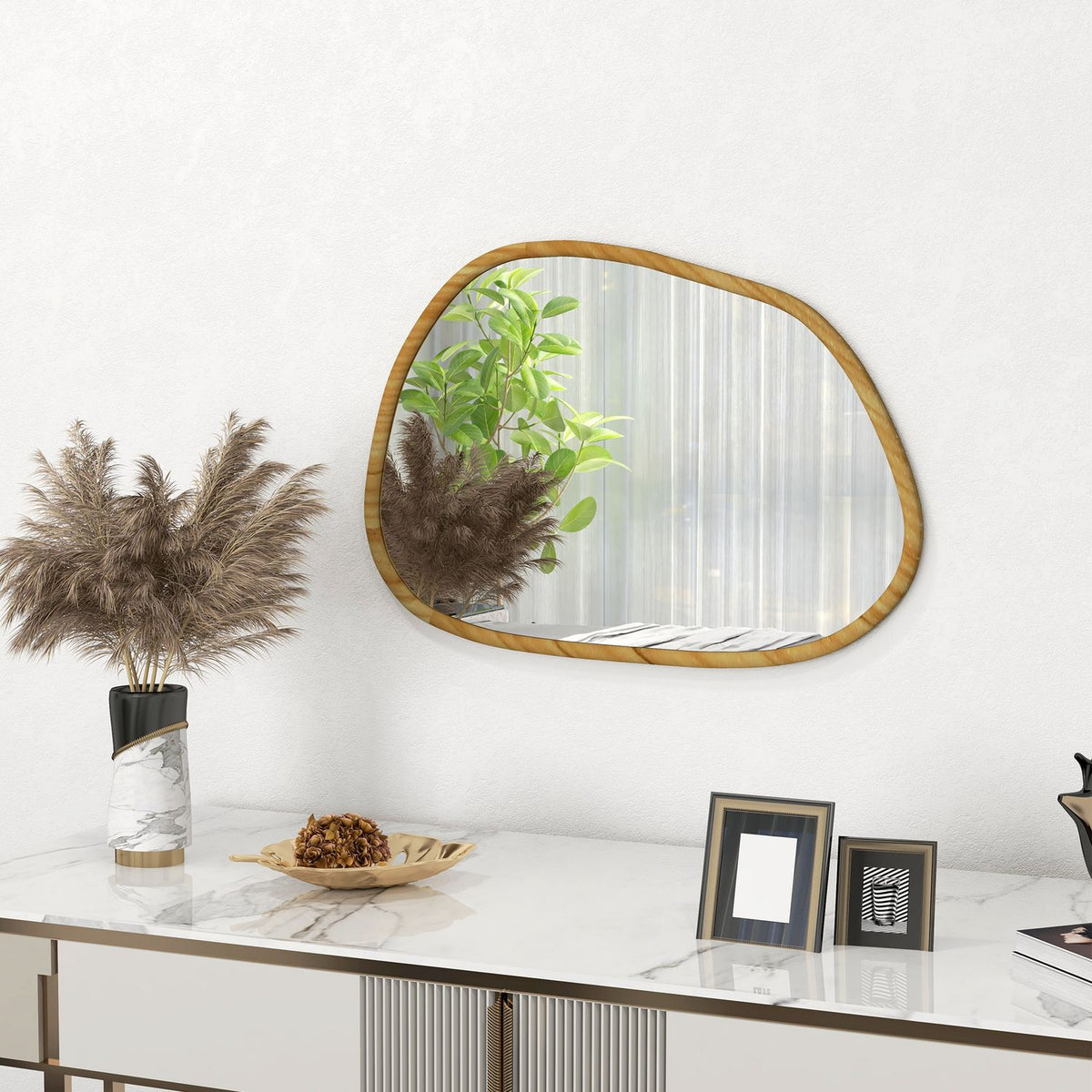 Miroir mural asymétrique, cadre en bois 70x50cm, antioxydant