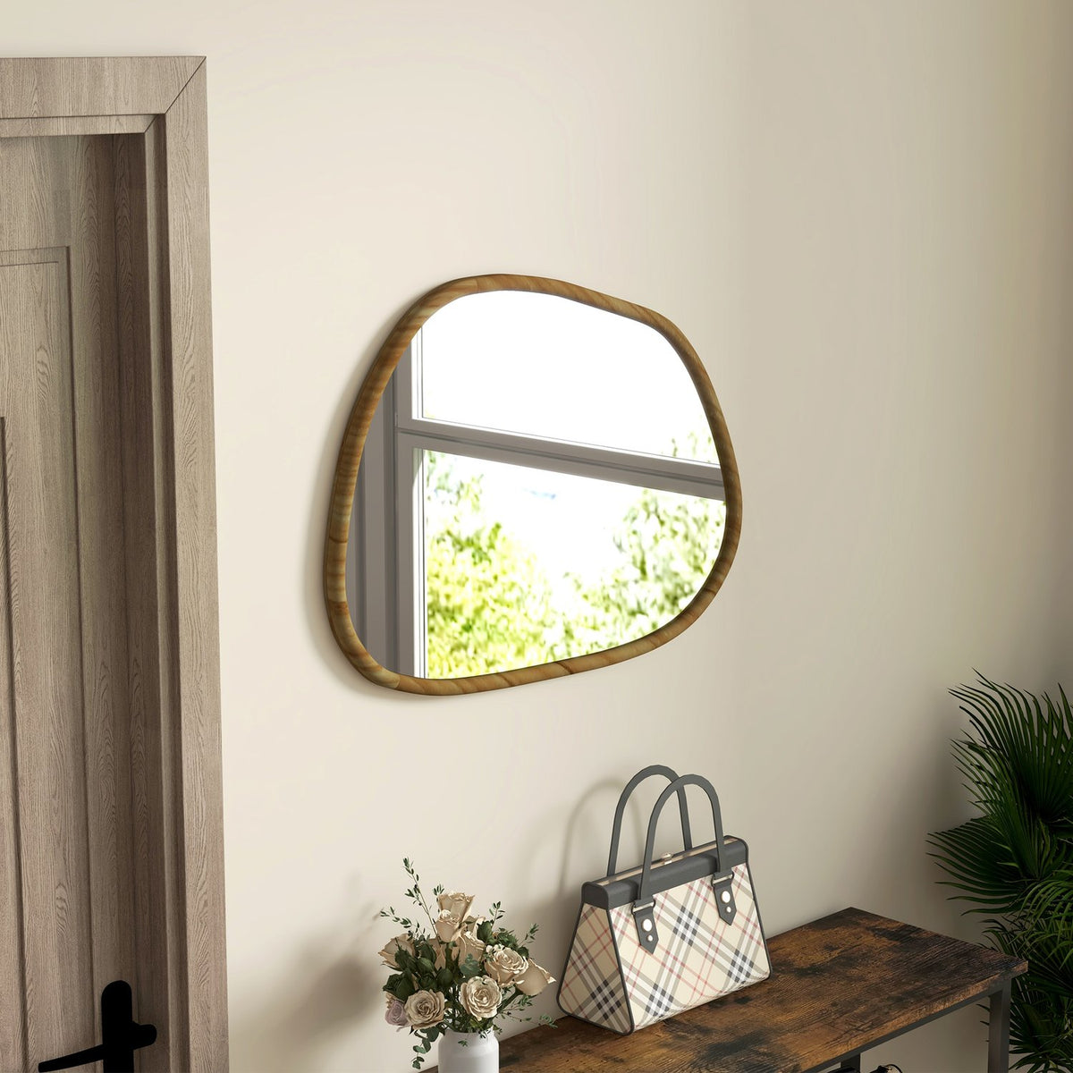 Miroir mural asymétrique, cadre en bois 70x50cm, antioxydant