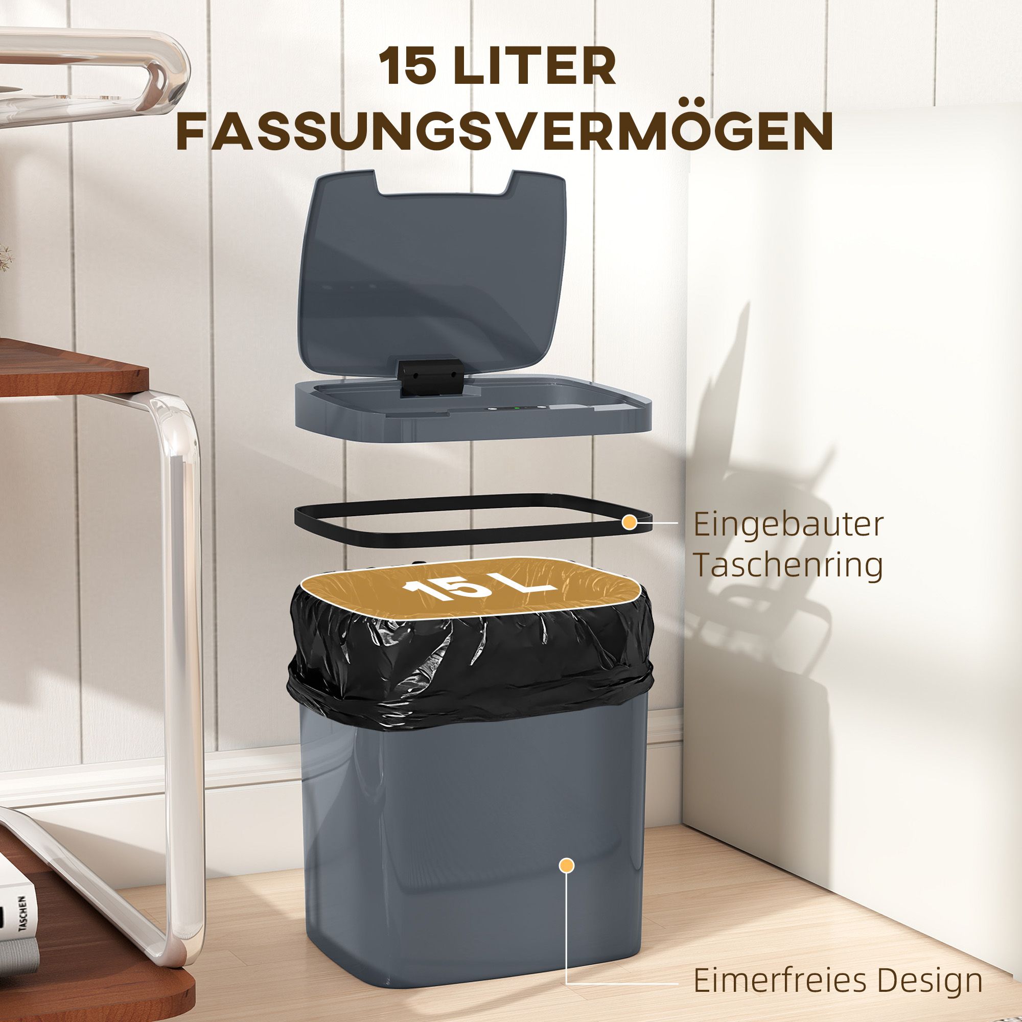Automatisk sensoravfallskorg, 15 l, beröringsfria och manuella lägen