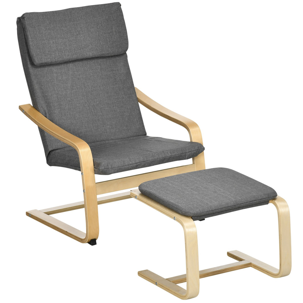 Chaise relax en lin gris avec accoudoirs et pouf