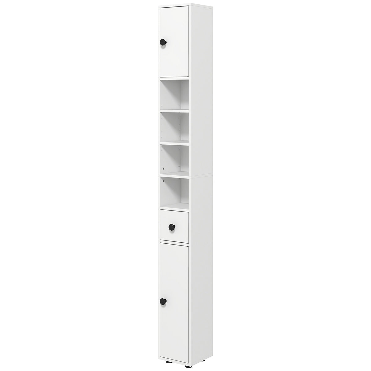 Badrumsskåp, 4 hyllplan, låda, spånskiva, slimmad design, vit