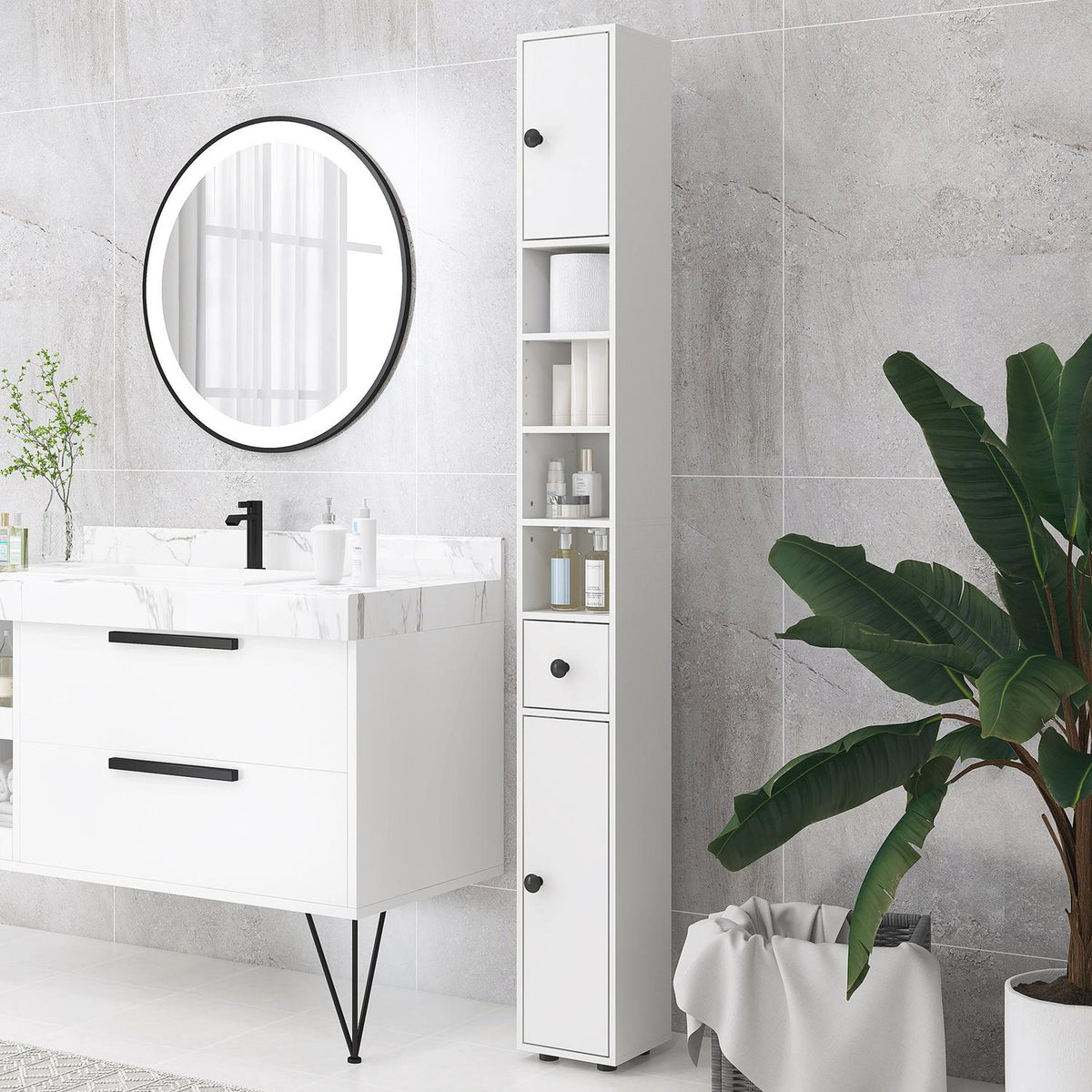 Badrumsskåp, 4 hyllplan, låda, spånskiva, slimmad design, vit