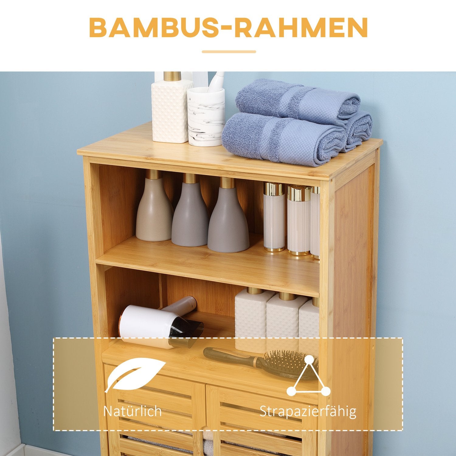 Badrumsskåp i bambu med lamelldörrar, tippskyddsdesign