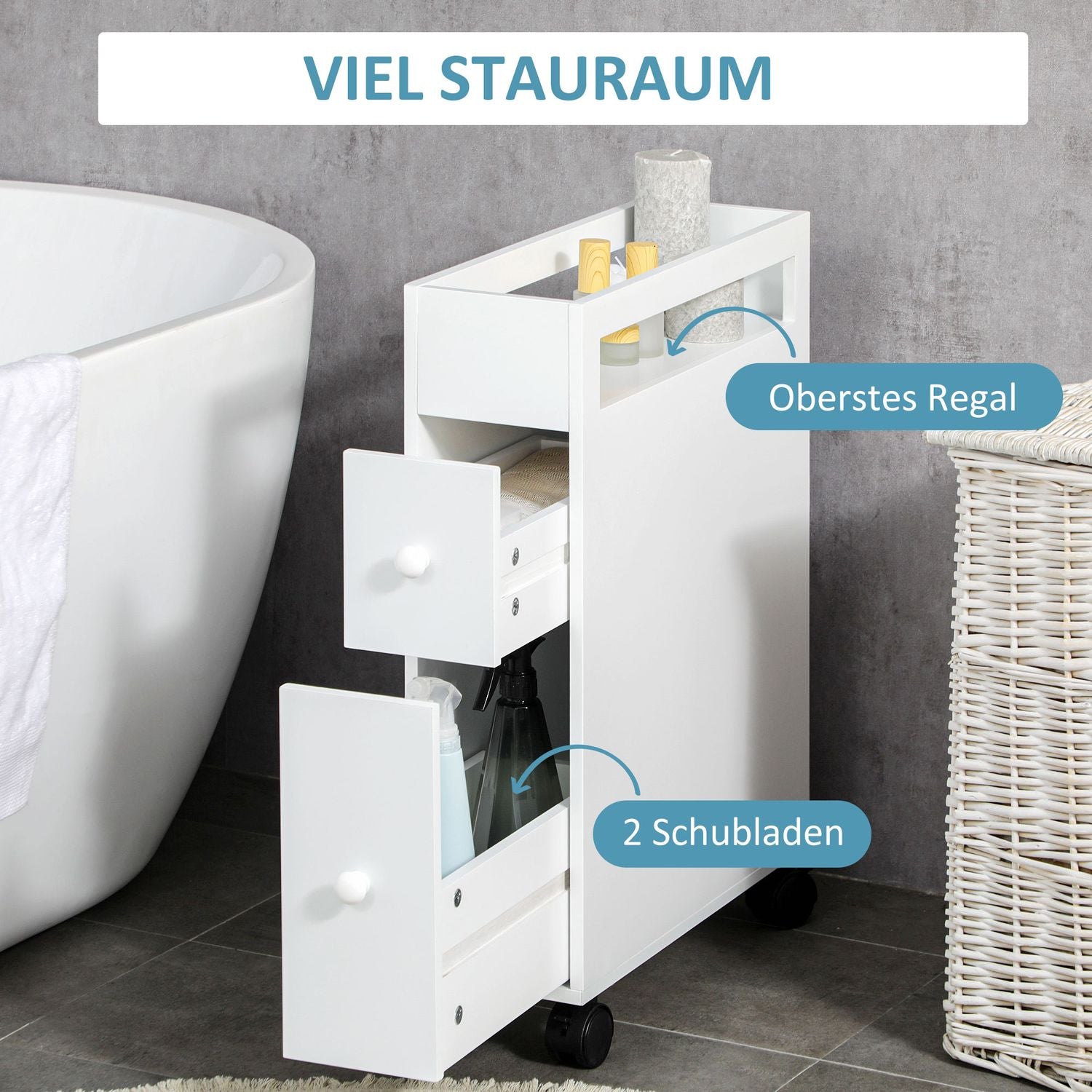 Badrumsskåpvagn, Vit, 2 lådor, Hjul