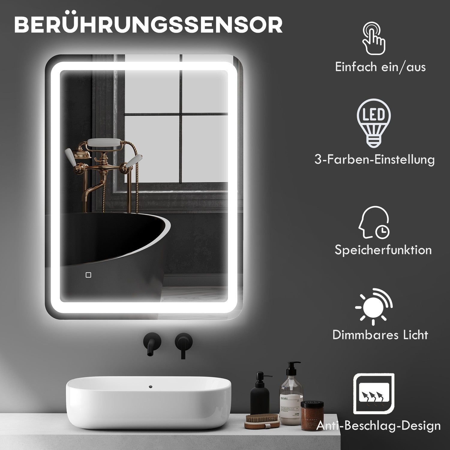 Badrumsspegel, LED, Anti-Imma, Touch Control, 60x80 cm