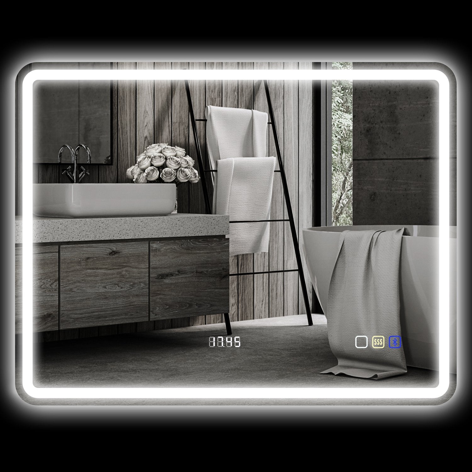 Badrumsspegel med LED-belysning, anti-dimdyna, 3 justerbara färger, klocka, 700 x 900 mm, silver