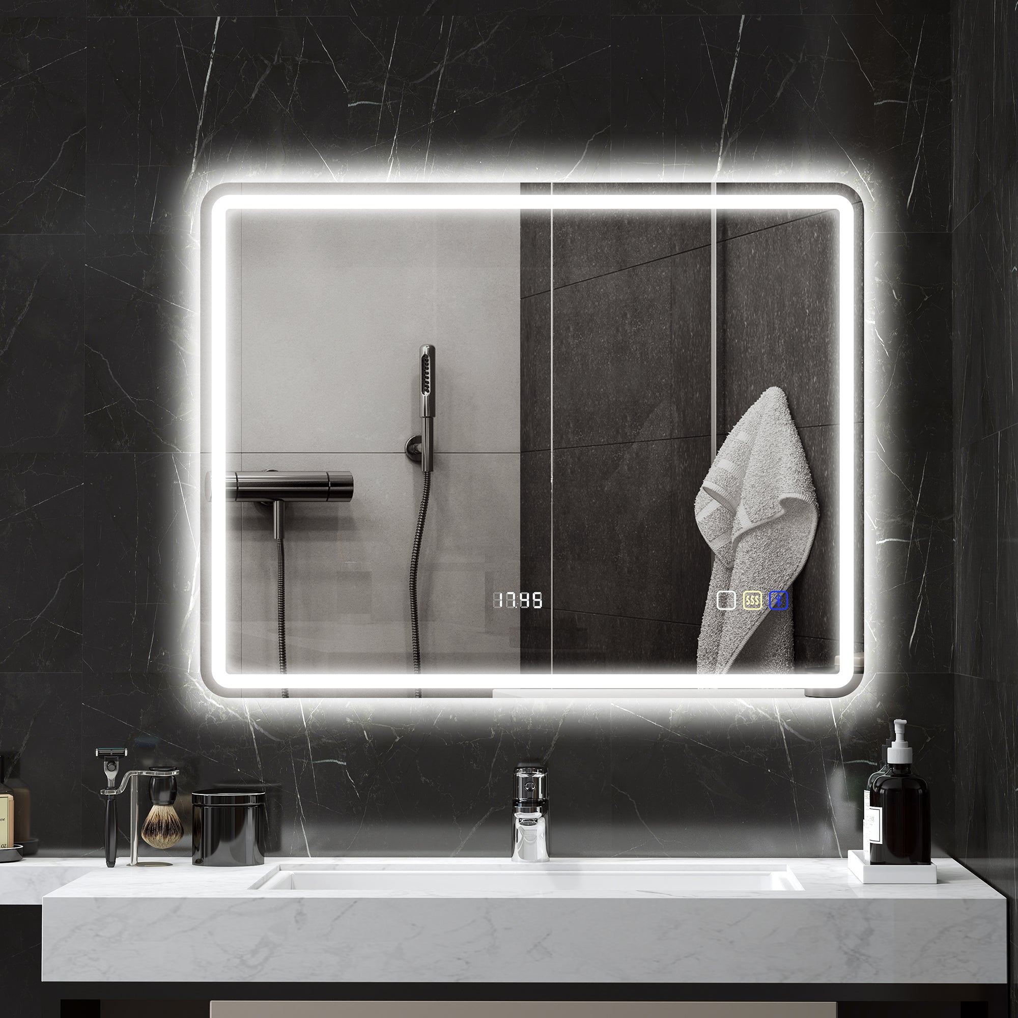 Badrumsspegel med LED-belysning, anti-dimdyna, 3 justerbara färger, klocka, 700 x 900 mm, silver