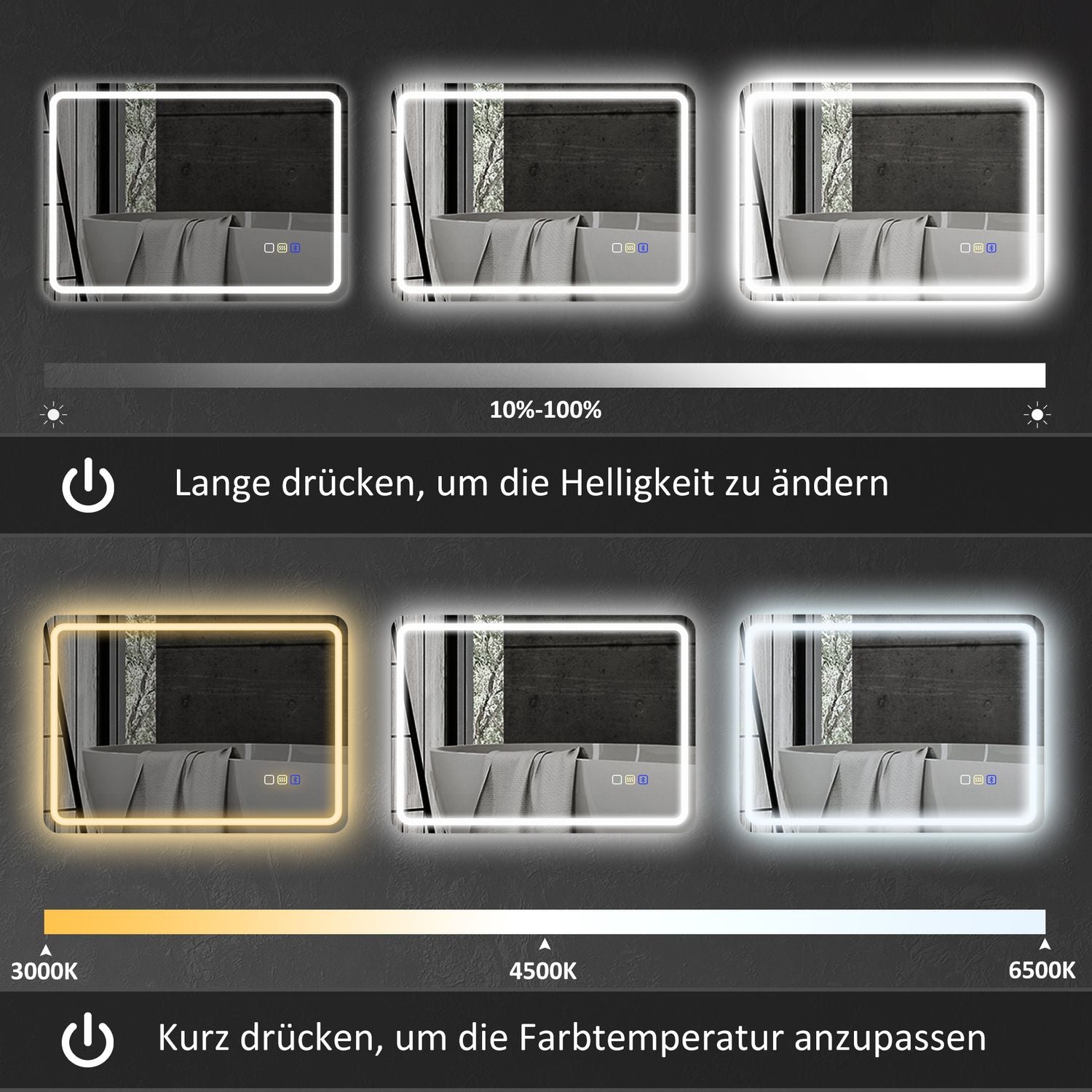 Badrumsspegel med LED-belysning, anti-dimkudde, 3 justerbara färger, 700 x 900 mm, silver