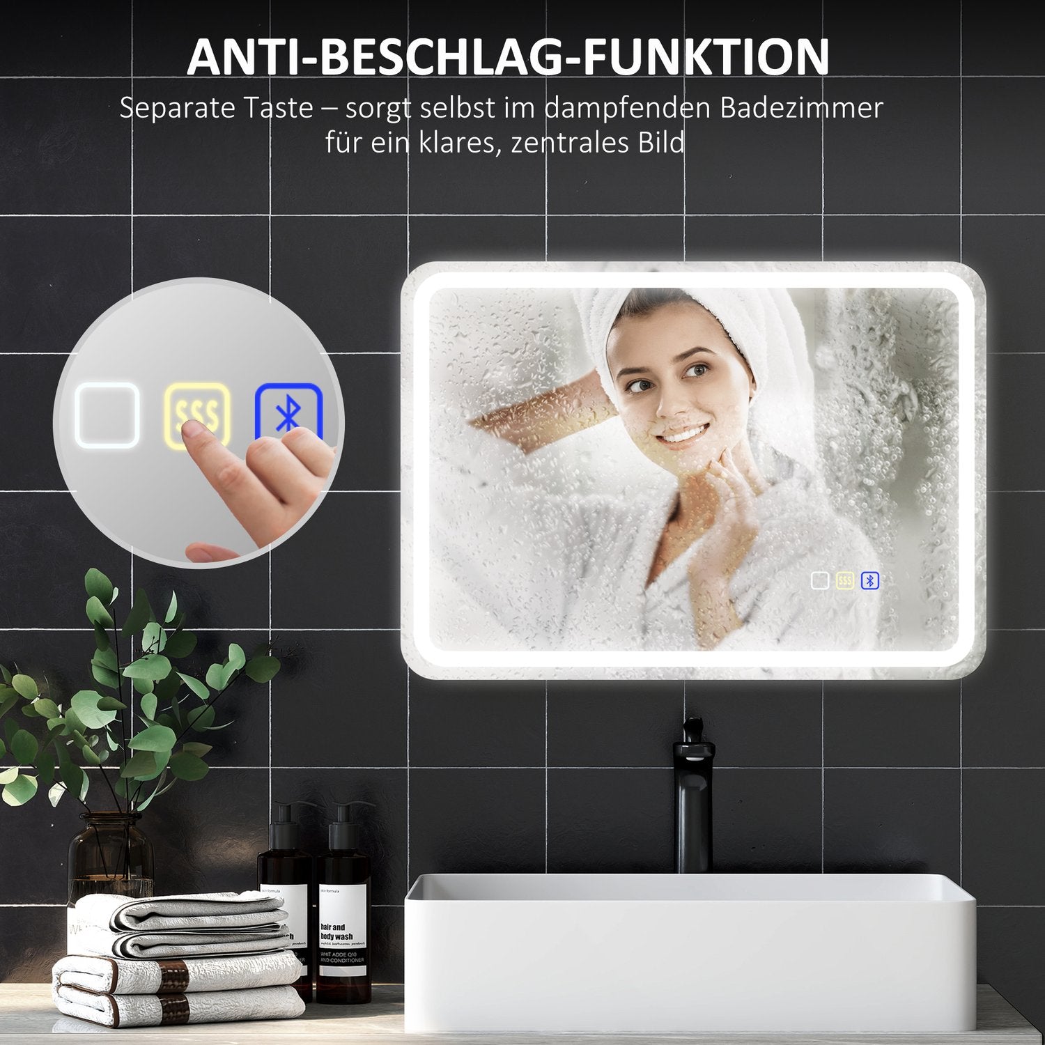 Badrumsspegel med LED-belysning, anti-dimkudde, 3 justerbara färger, 700 x 900 mm, silver