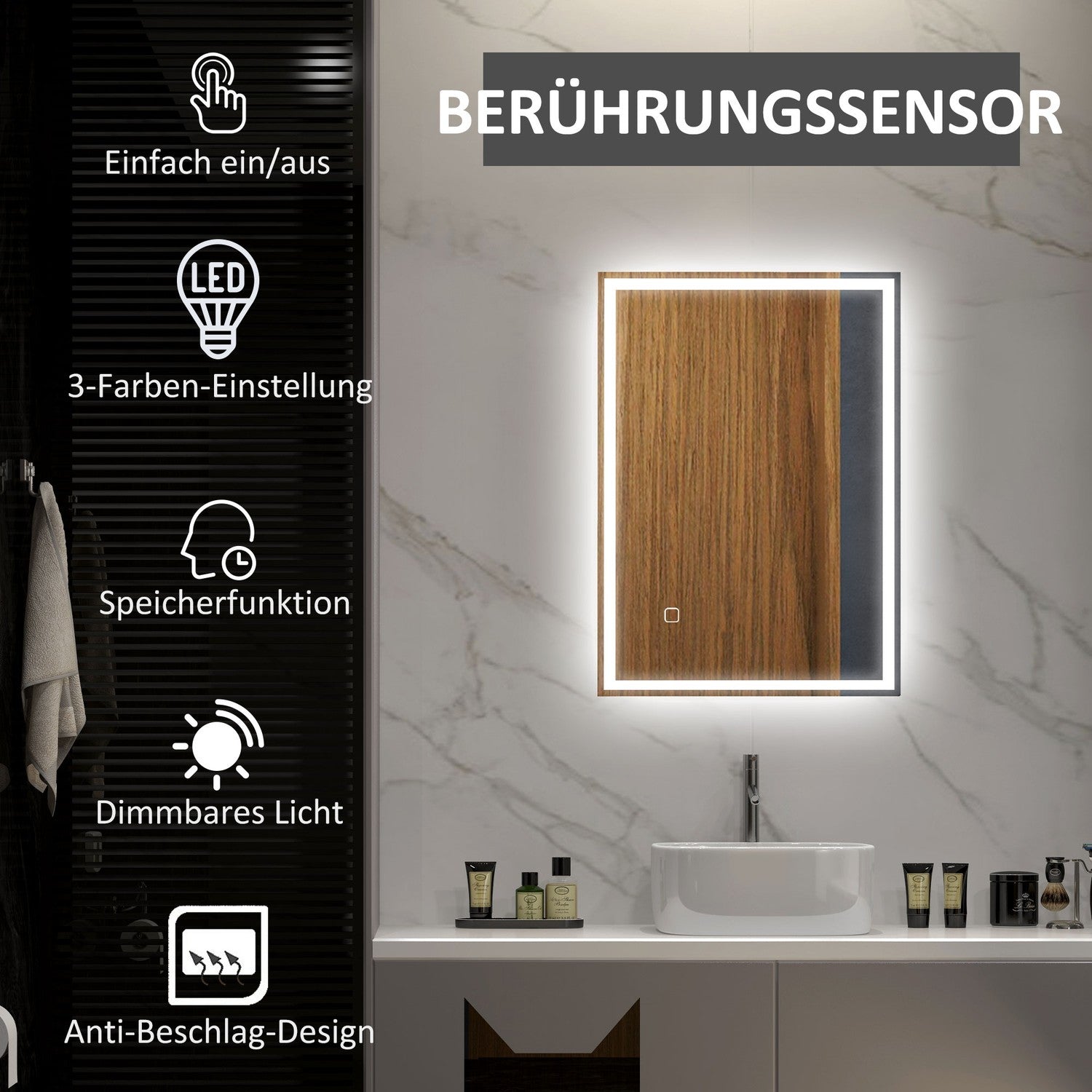 Badrumsspegel, väggspegel, LED, pekströmbrytare, vit