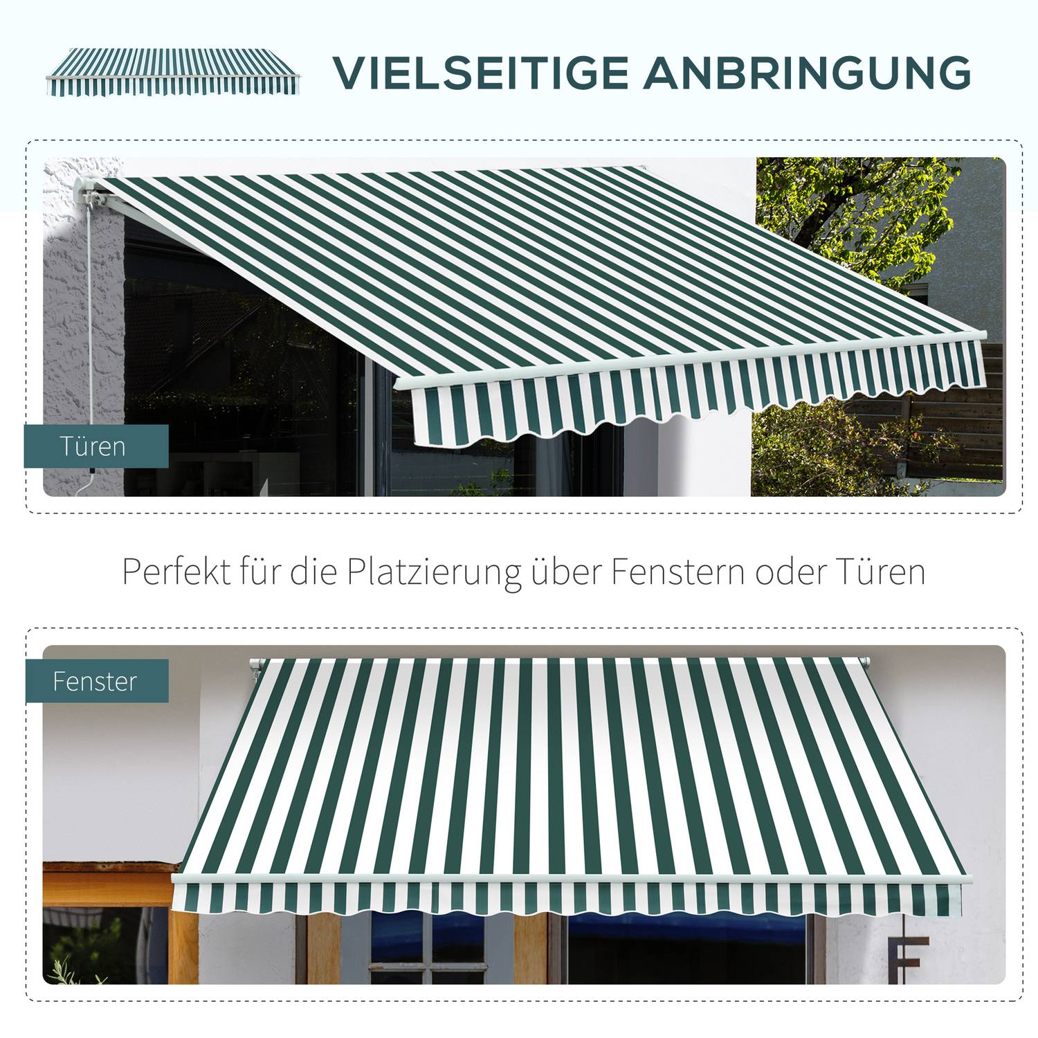 Balkongfällbar markis – 3x2,5M, Solskydd, Grön/Vit