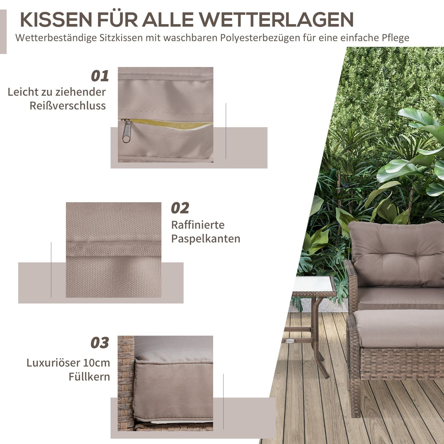 Balkongmöbelset i rotting – 4-sits soffa, pall & bord