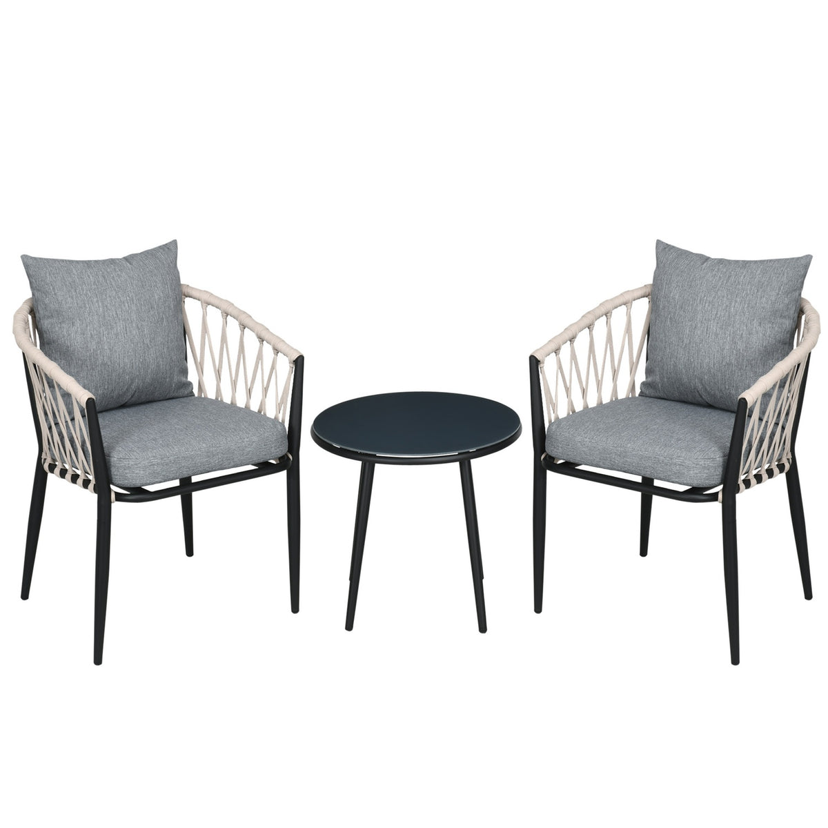 Ensemble balcon – table en acier & 2 chaises avec coussins, gris