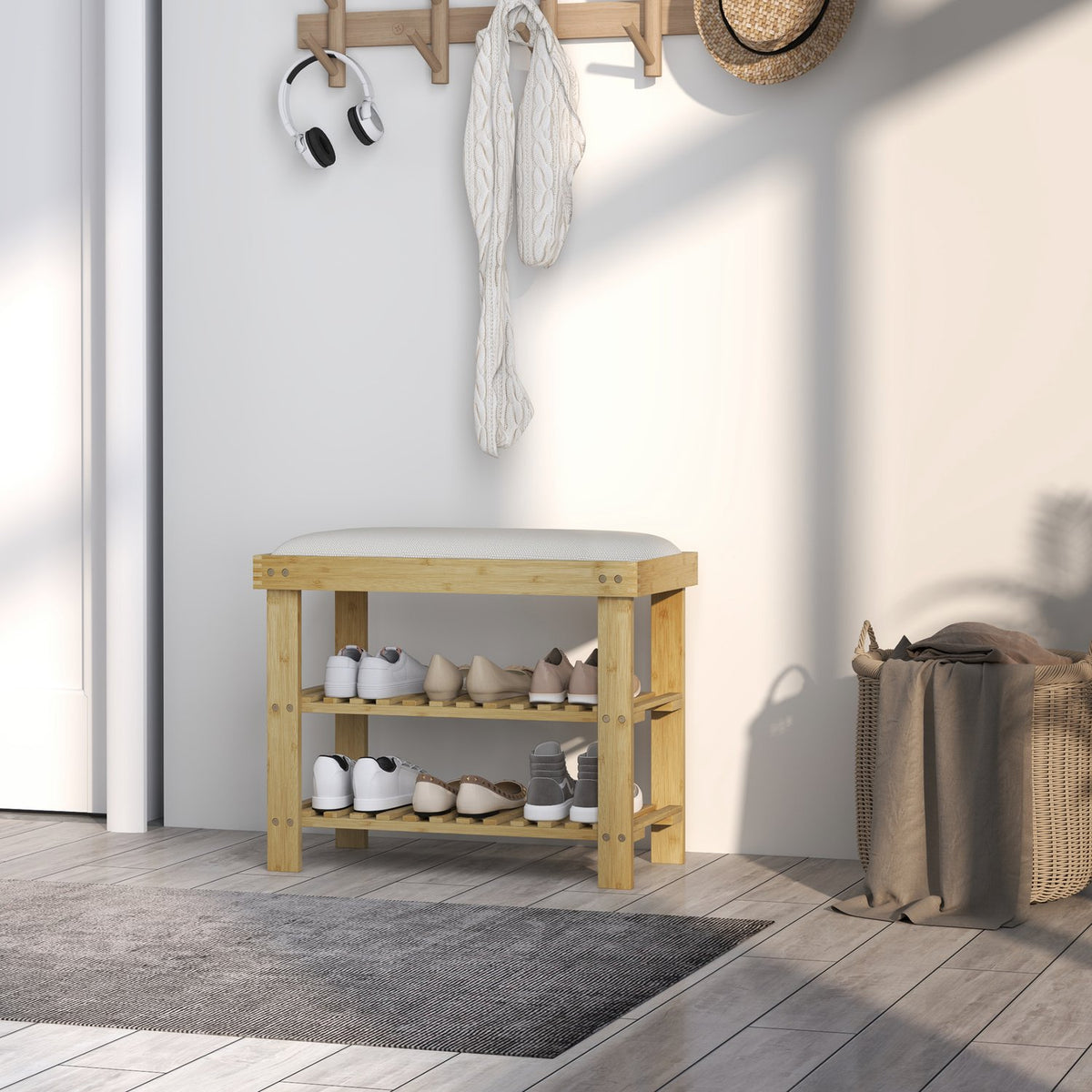 Banc à chaussures en bambou avec rangement, blanc crème, 60x29x49 cm