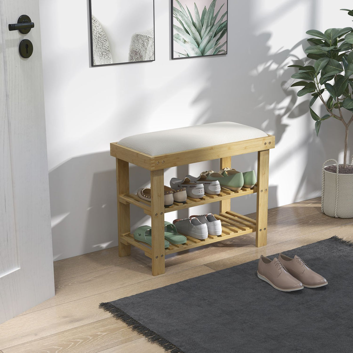 Banc à chaussures en bambou avec rangement, blanc crème, 60x29x49 cm